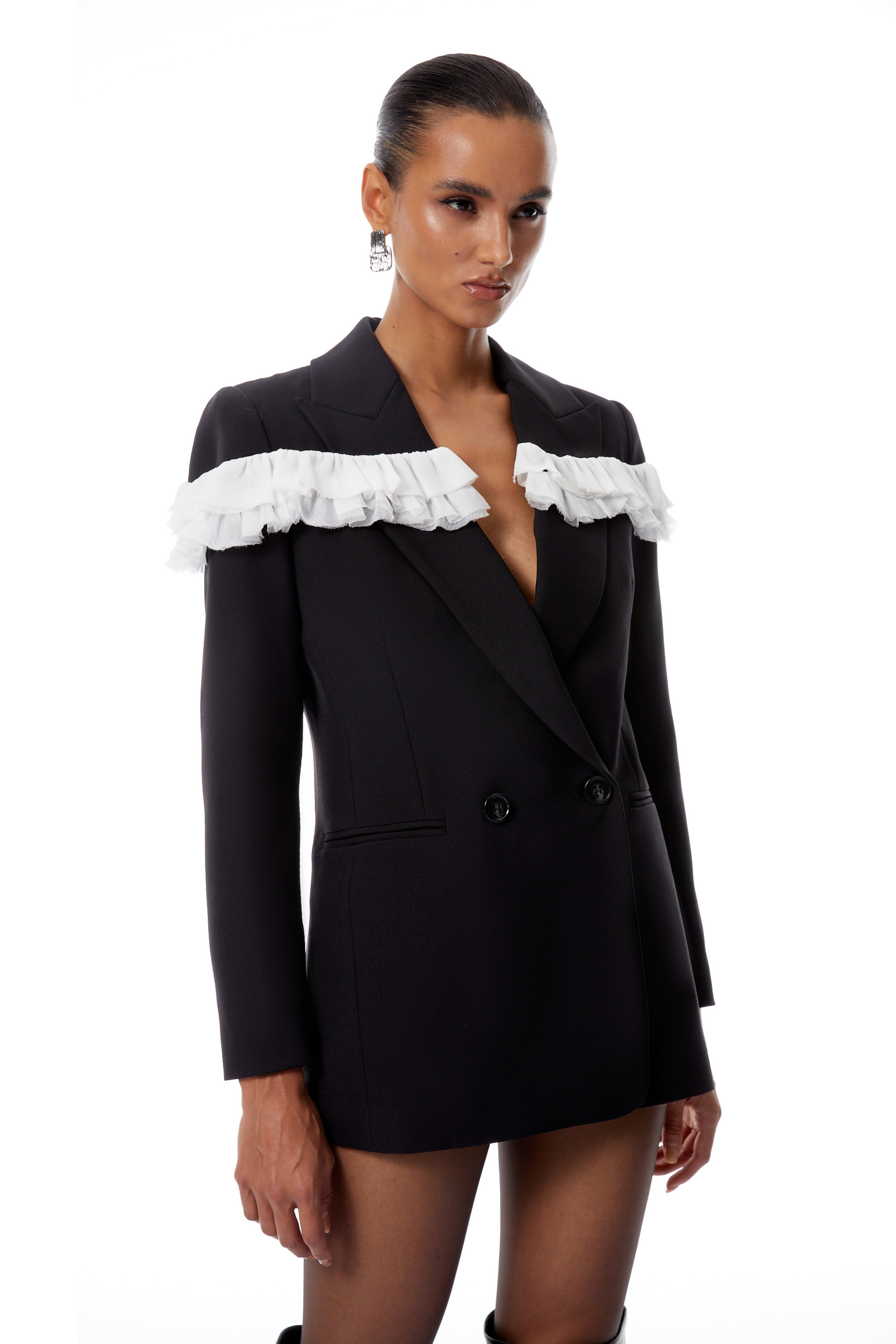 Violette Black Ruffled Mesh Panel Blazer (Final Sale)