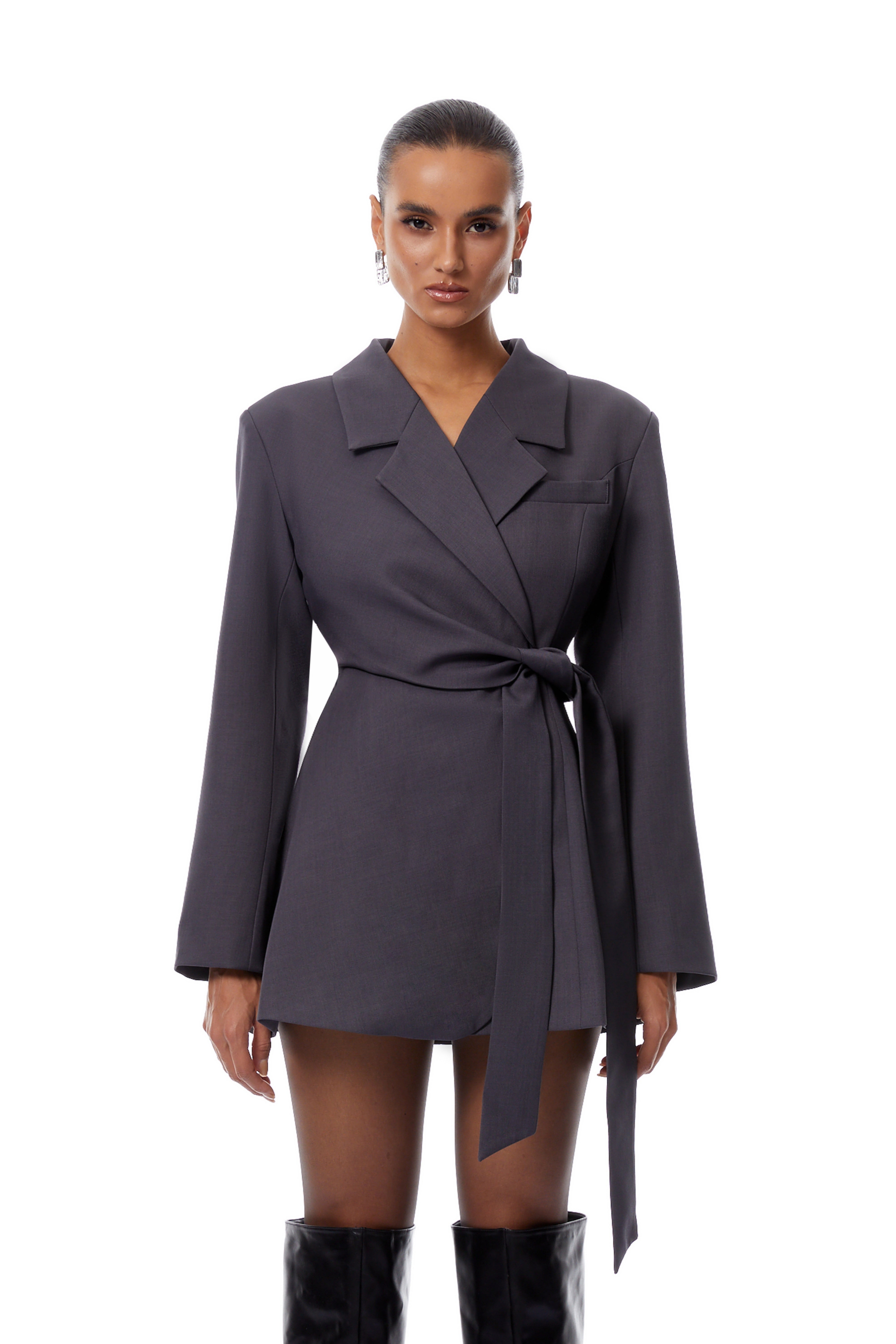 Evelyn Grey Wrap Mini Blazer Dress