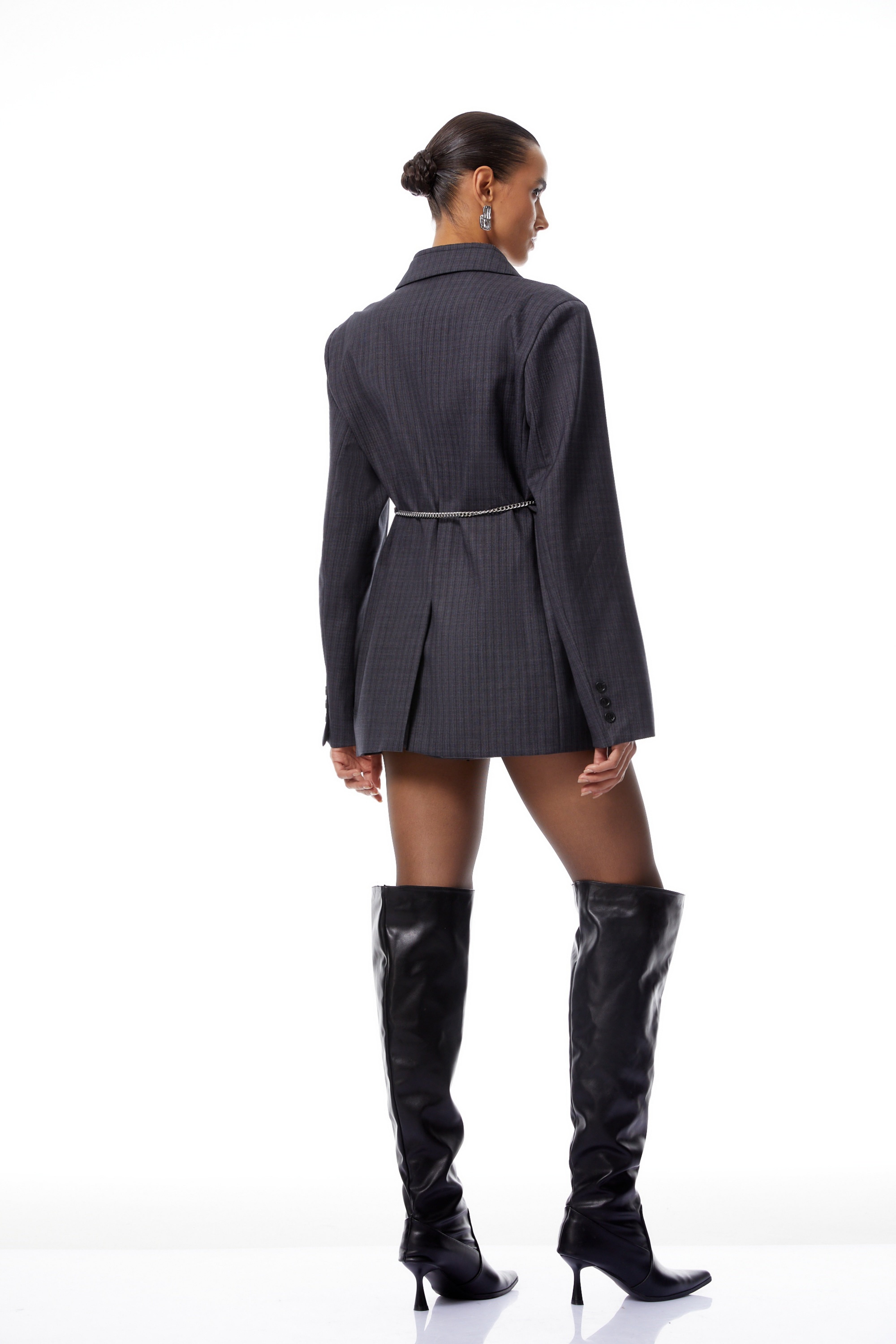 Aurianne Grey Chain Tie Plaid Blazer