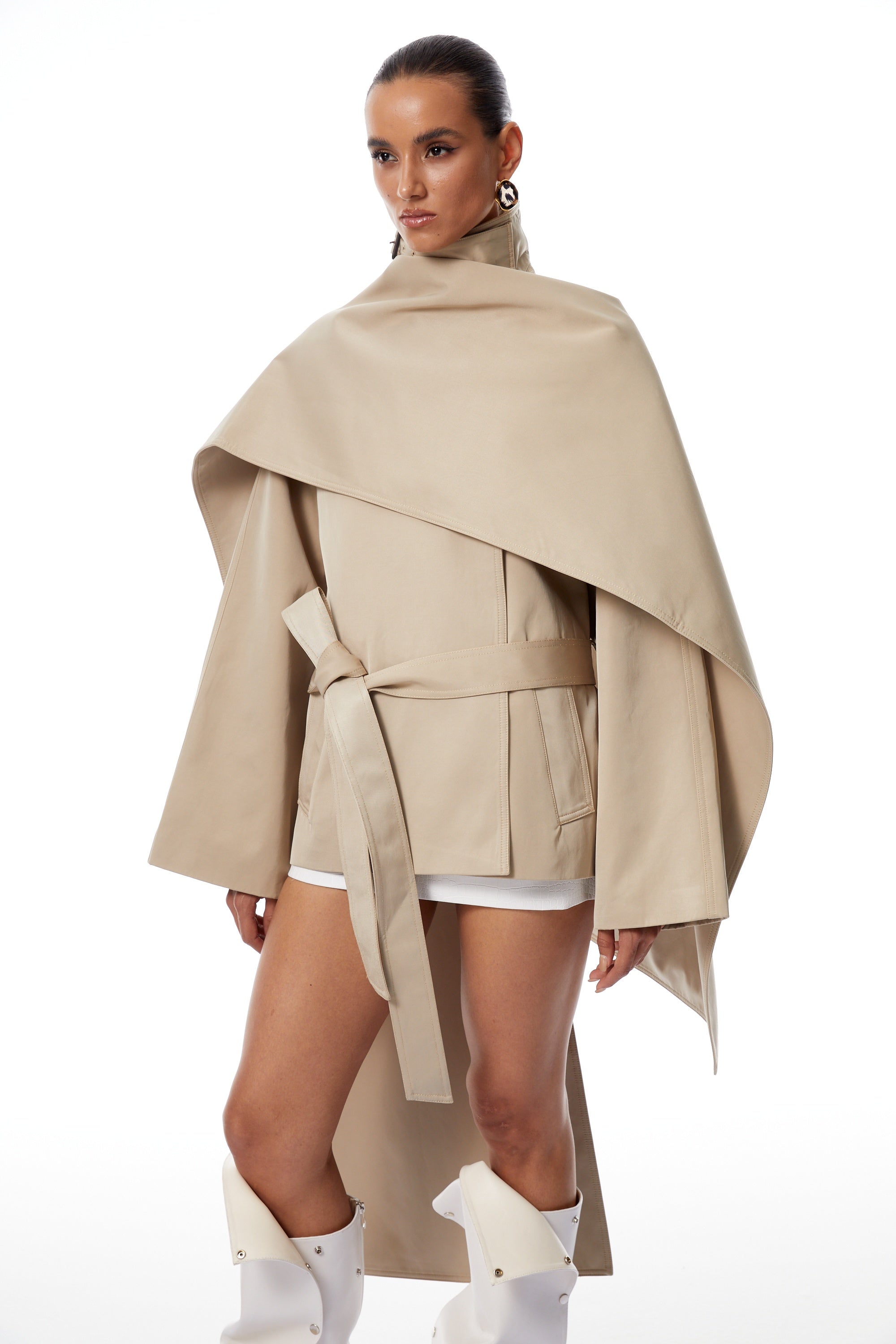 Orsolya Khaki Asymmetrical Shawl Design Trench Coat