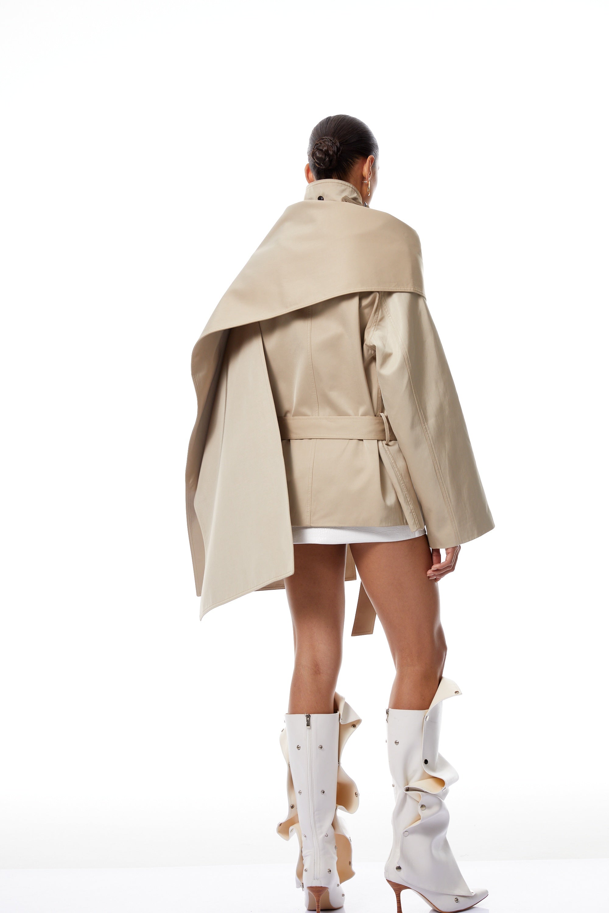 Orsolya Khaki Asymmetrical Shawl Design Trench Coat