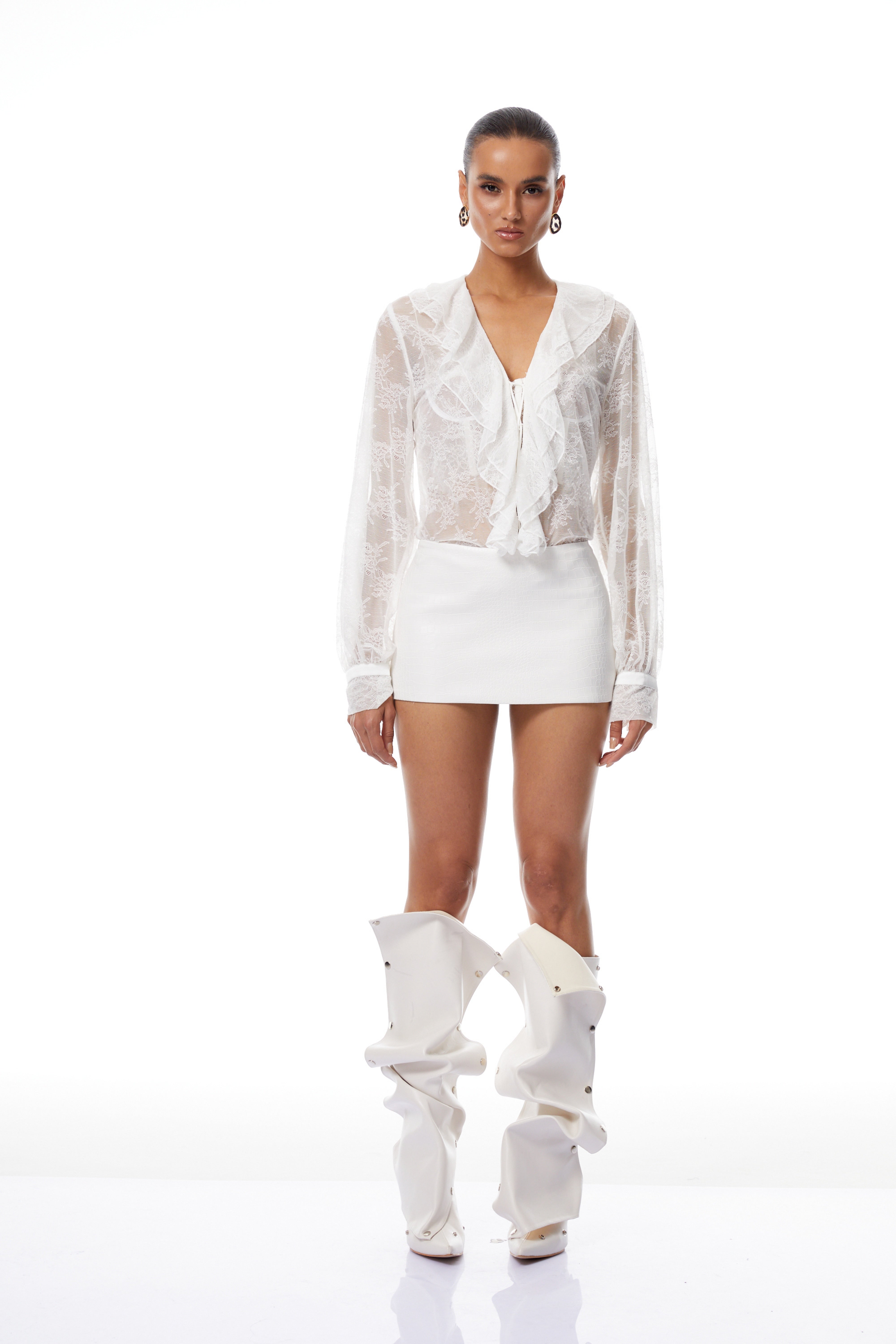 Vanessa White Floral Lace Blouse & Leather Skirt Set