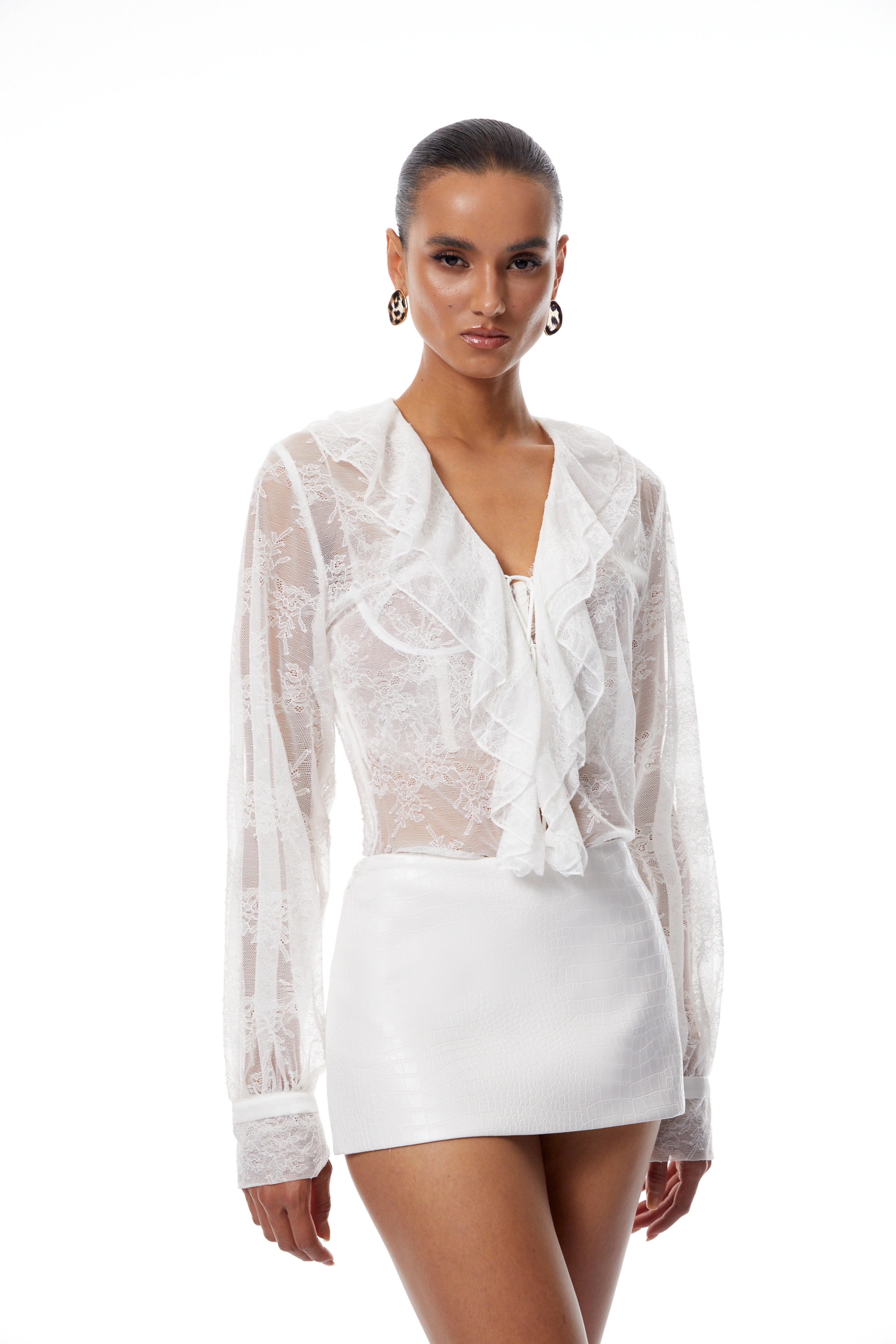 Vanessa White Floral Lace Blouse & Leather Skirt Set