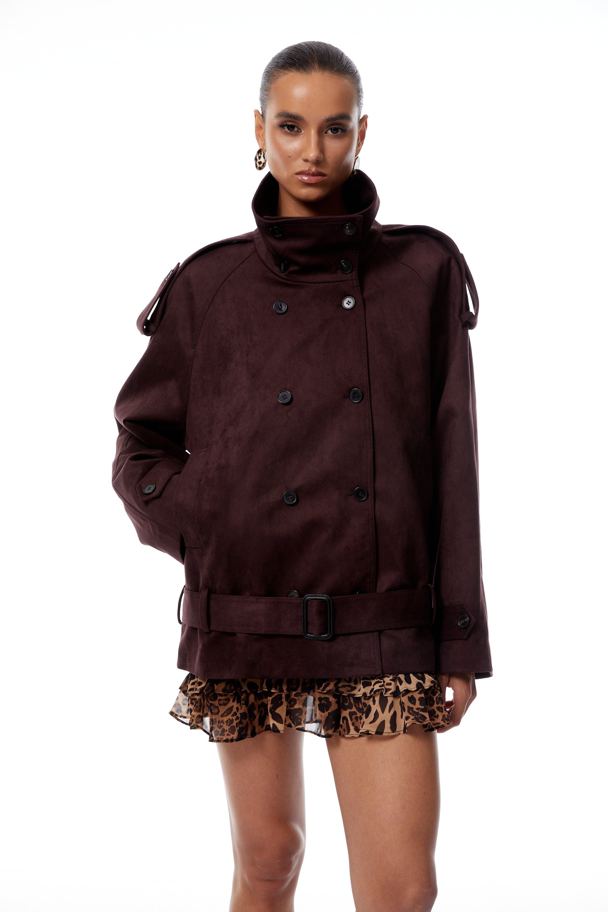 Flavia Burgundy Belted Suede Trench Coat