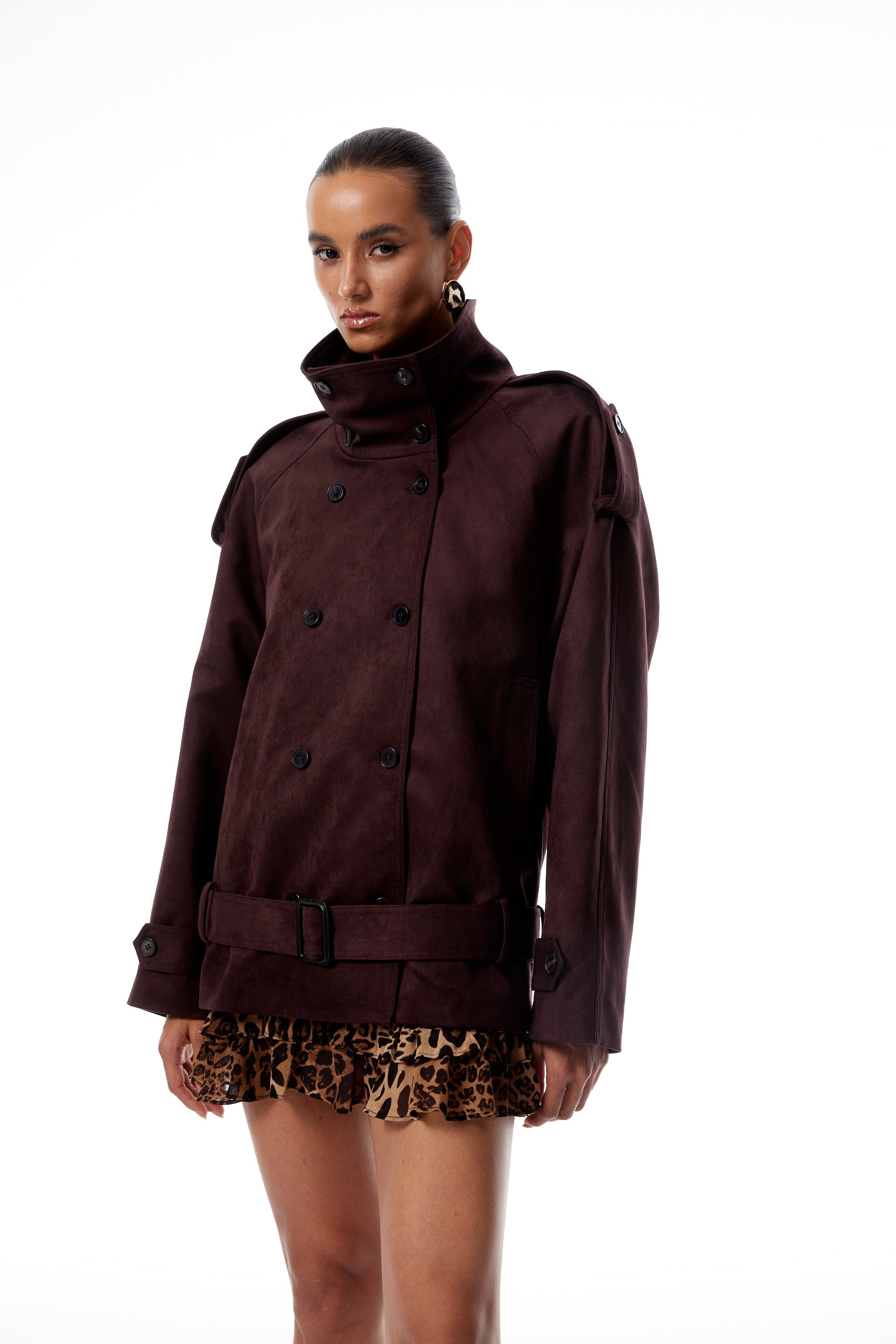 Flavia Burgundy Belted Suede Trench Coat