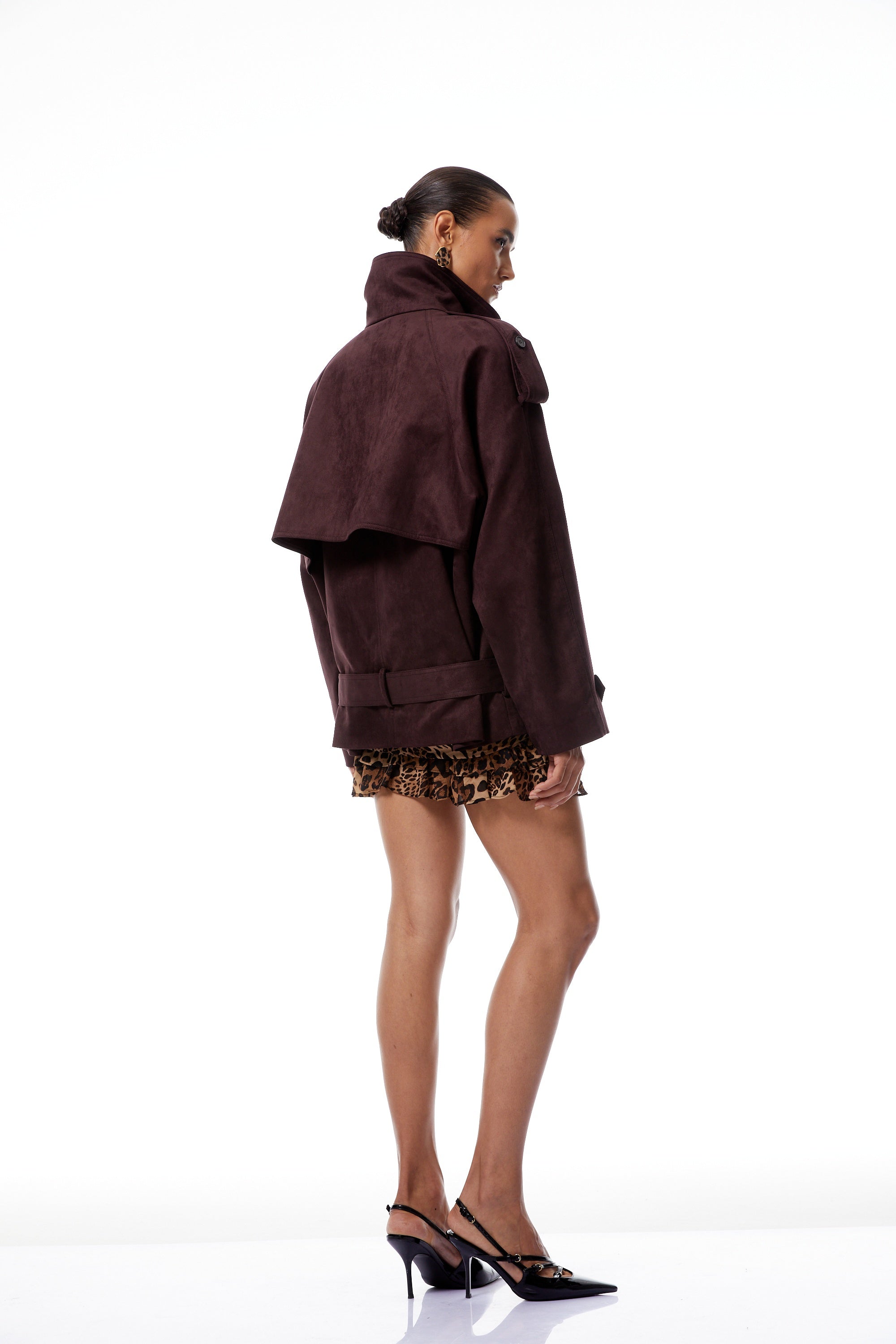 Flavia Burgundy Belted Suede Trench Coat
