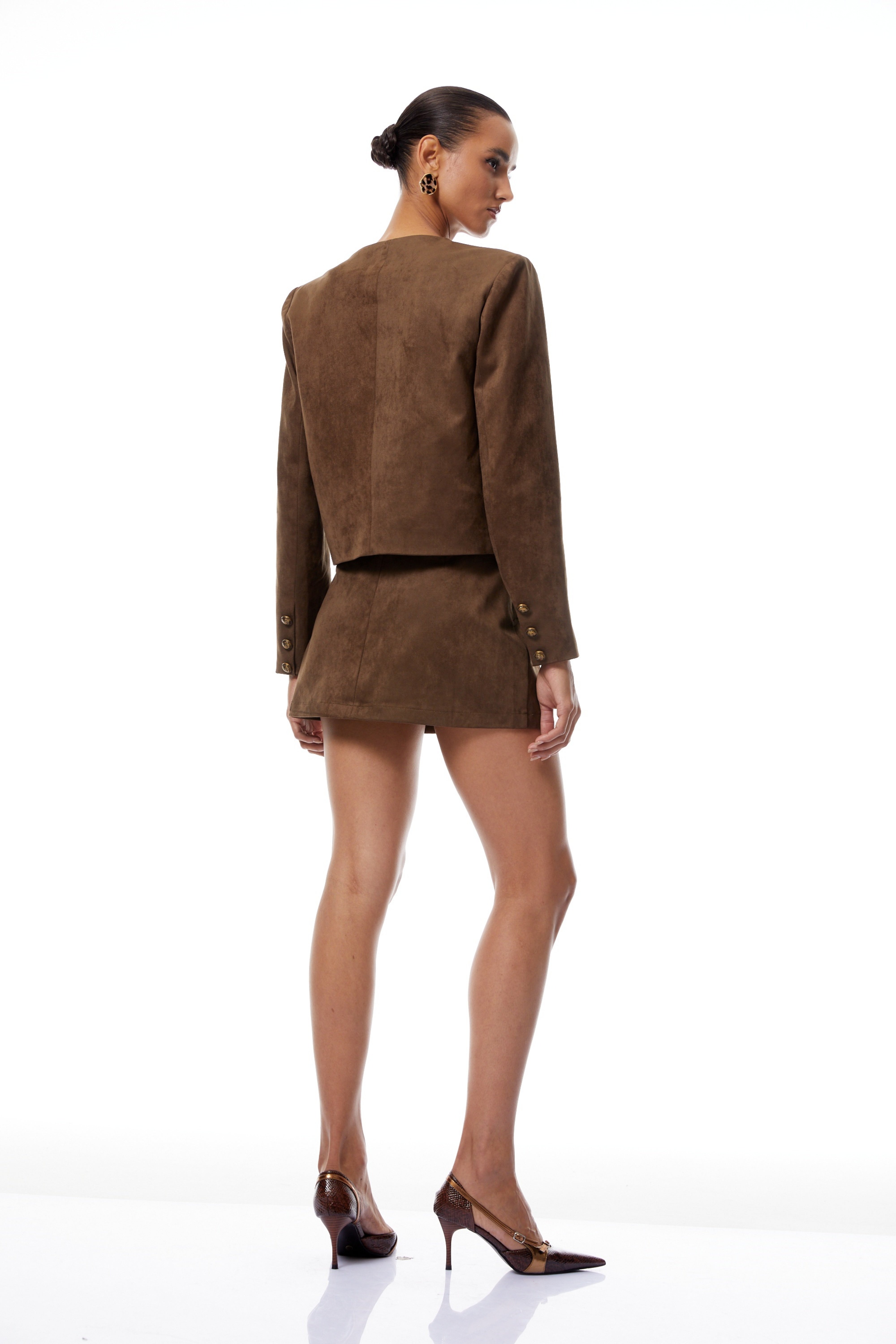 Xénia Brown Studded Suede Jacket & Skirt Set