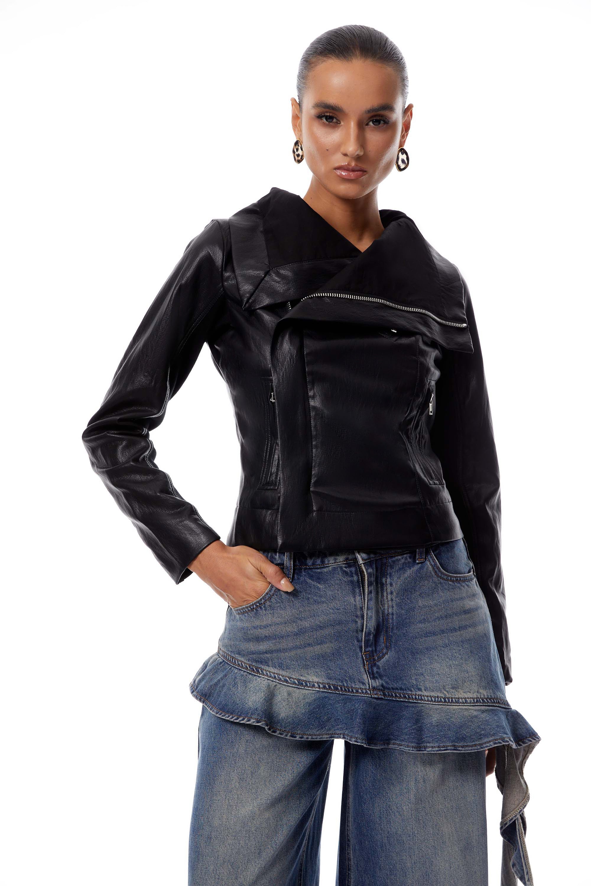 Elfriede Black Asymmetrical Lapel Leather Biker Jacket