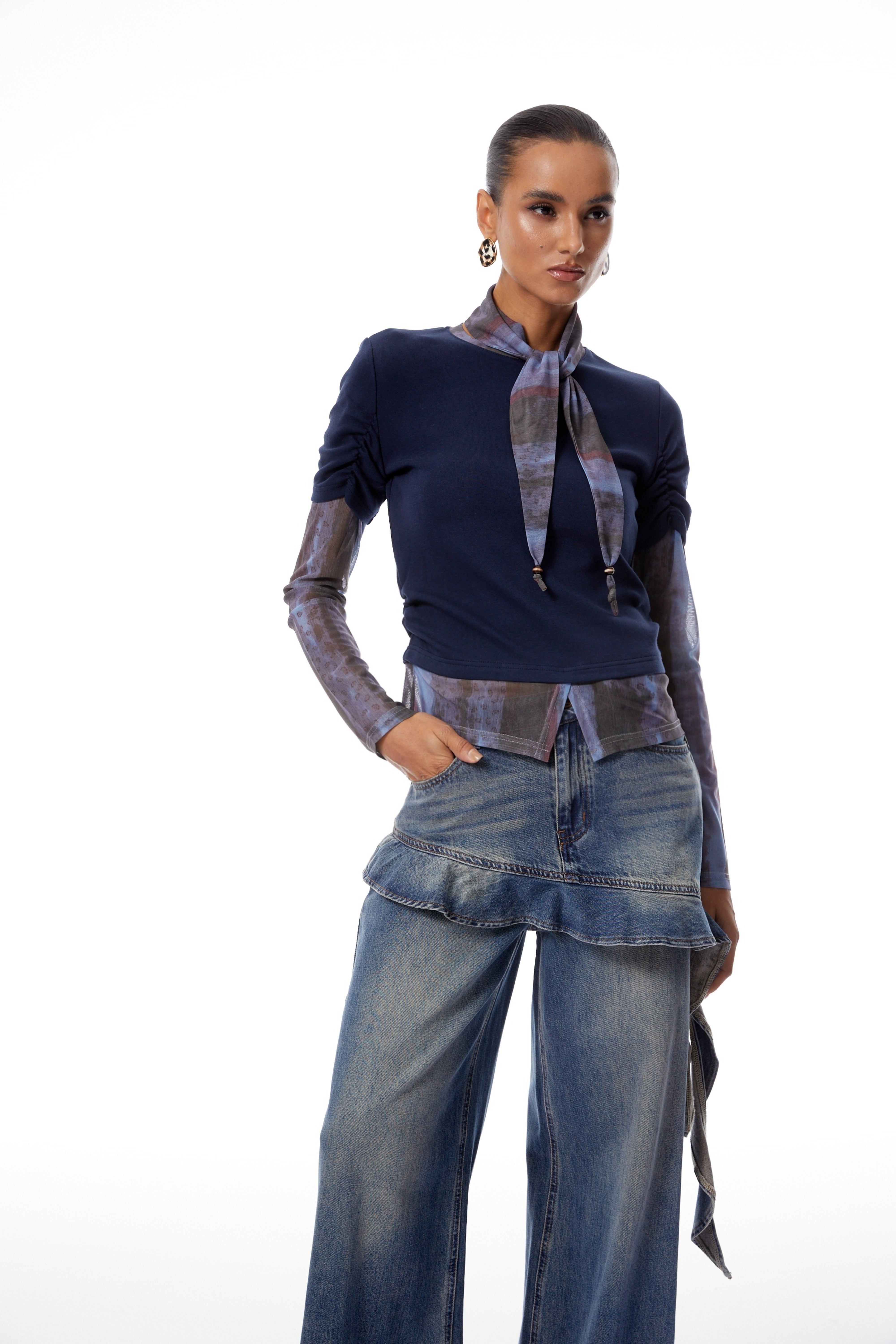 Claudia Blue Neck-Scarf Tie-Dye Panel Blouse