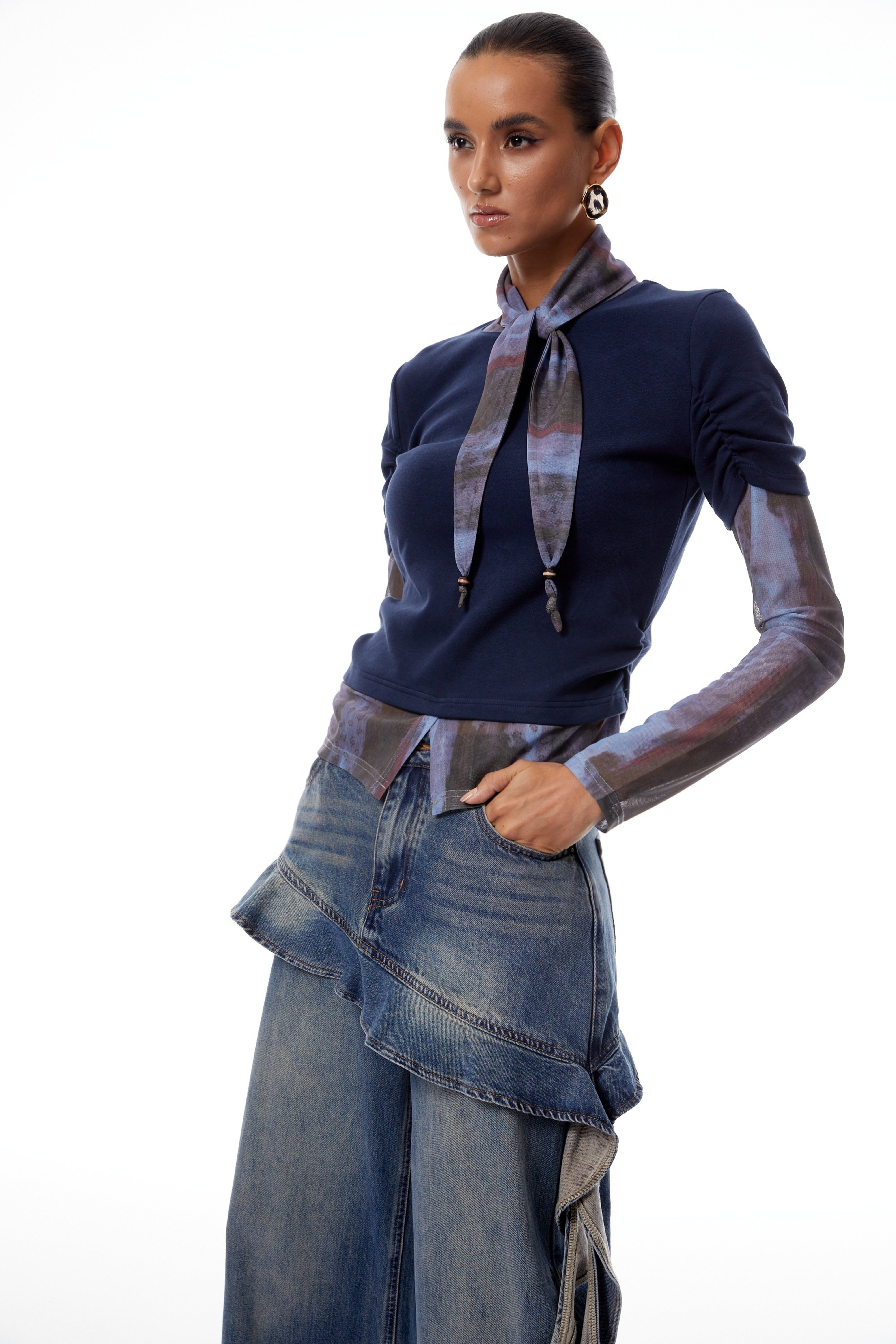 Claudia Blue Neck-Scarf Tie-Dye Panel Blouse