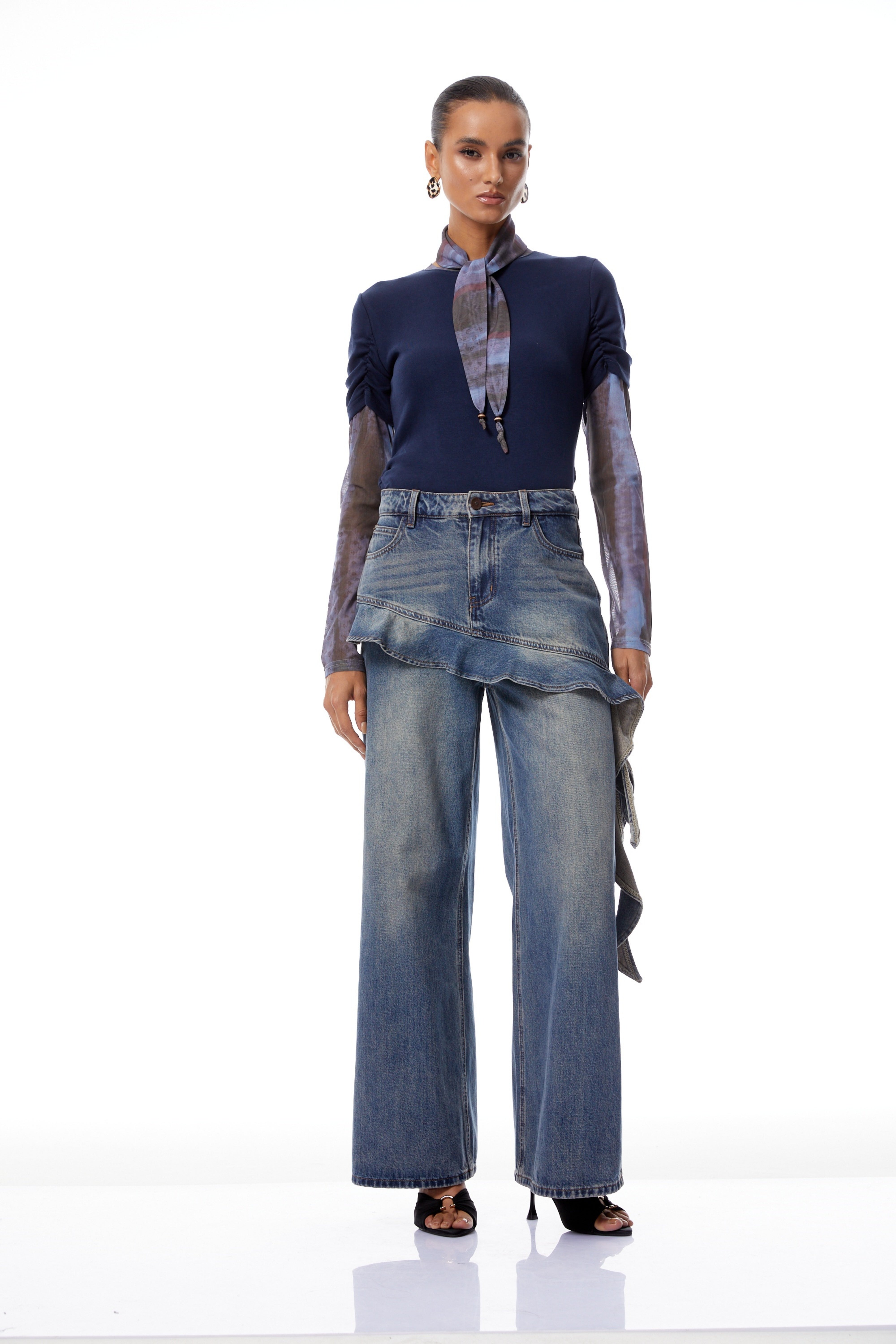 Zsófia Blue Ruffled Ribbon Detail Denim Jeans