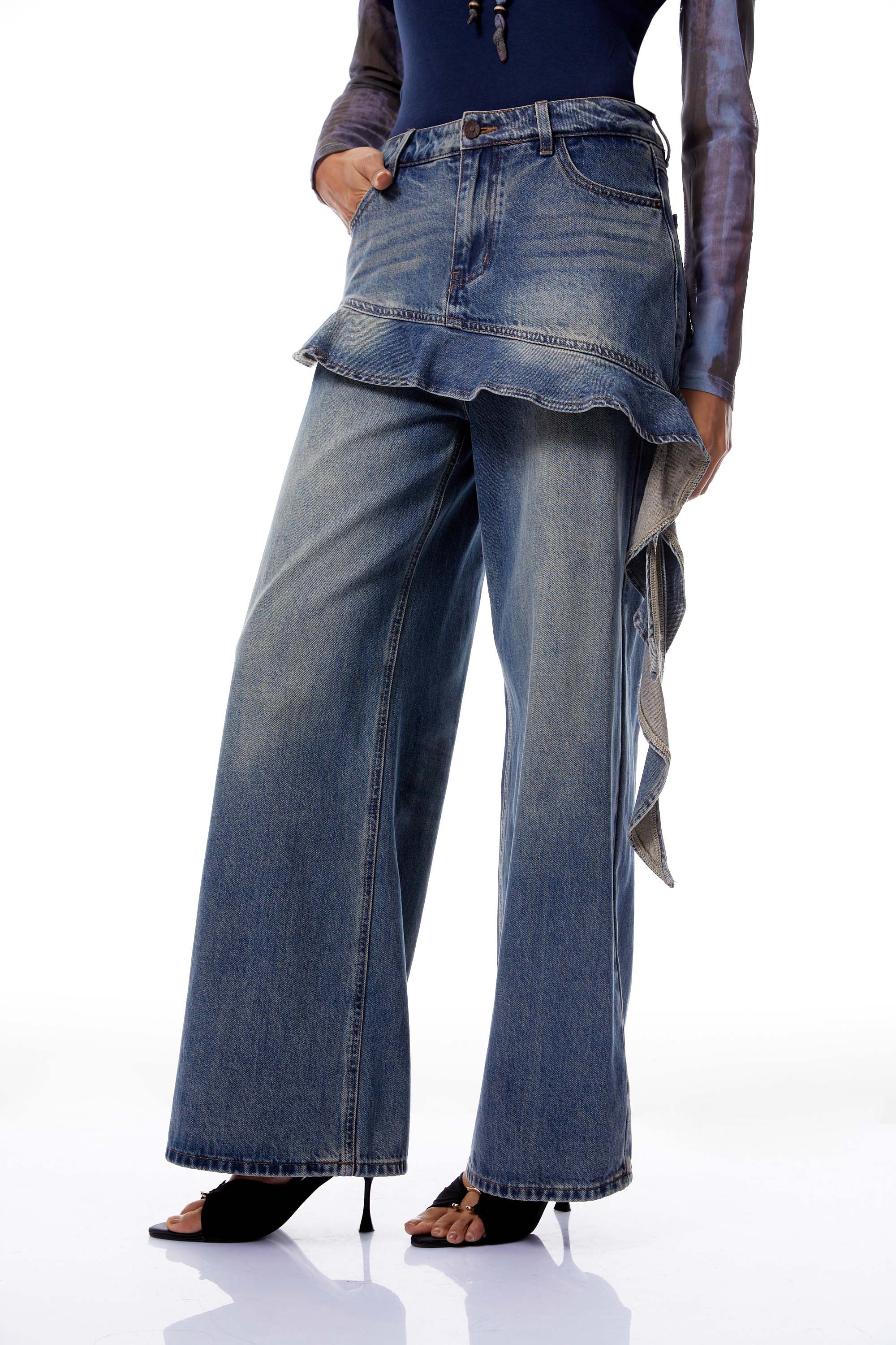 Zsófia Blue Ruffled Ribbon Detail Denim Jeans