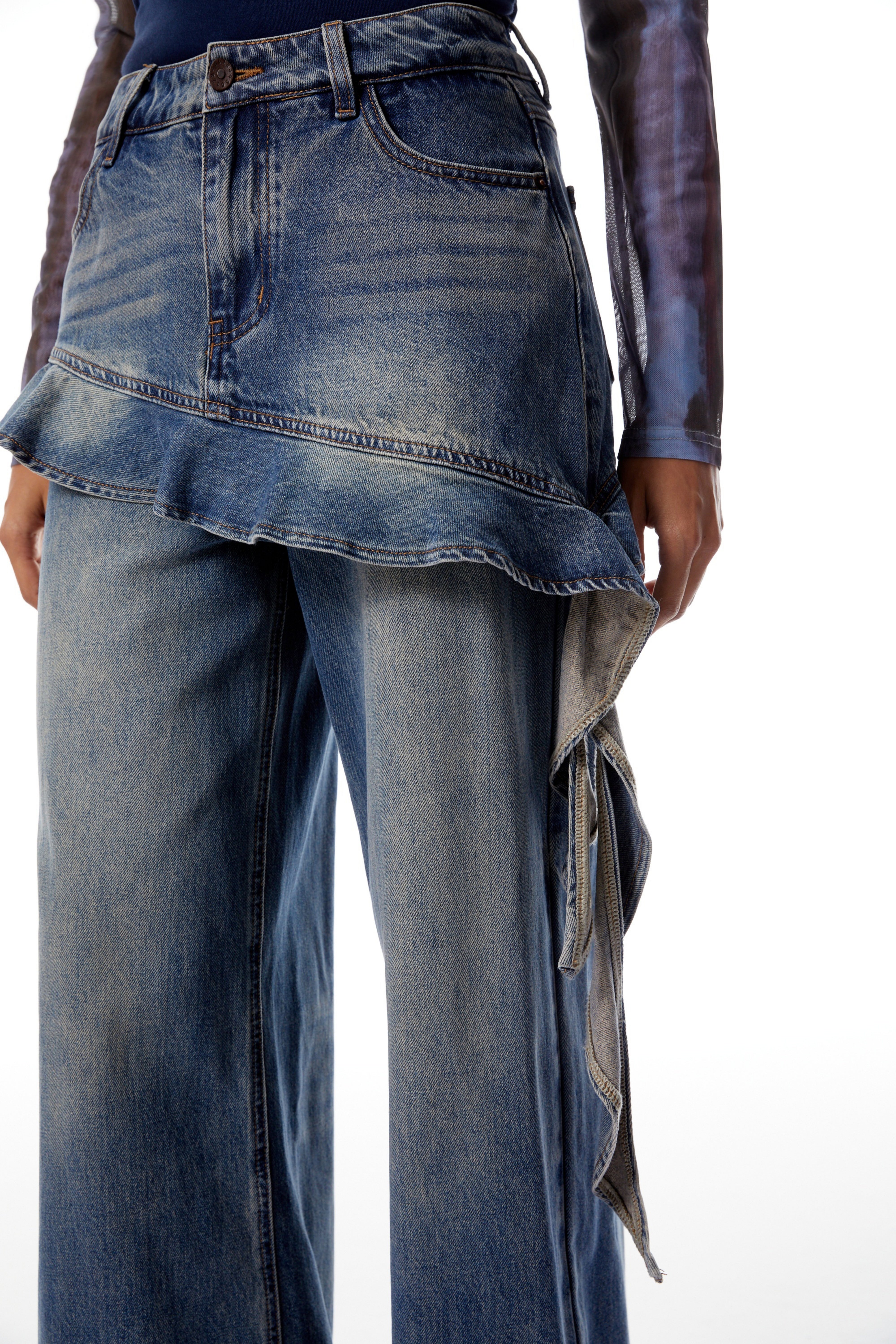 Zsófia Blue Ruffled Ribbon Detail Denim Jeans