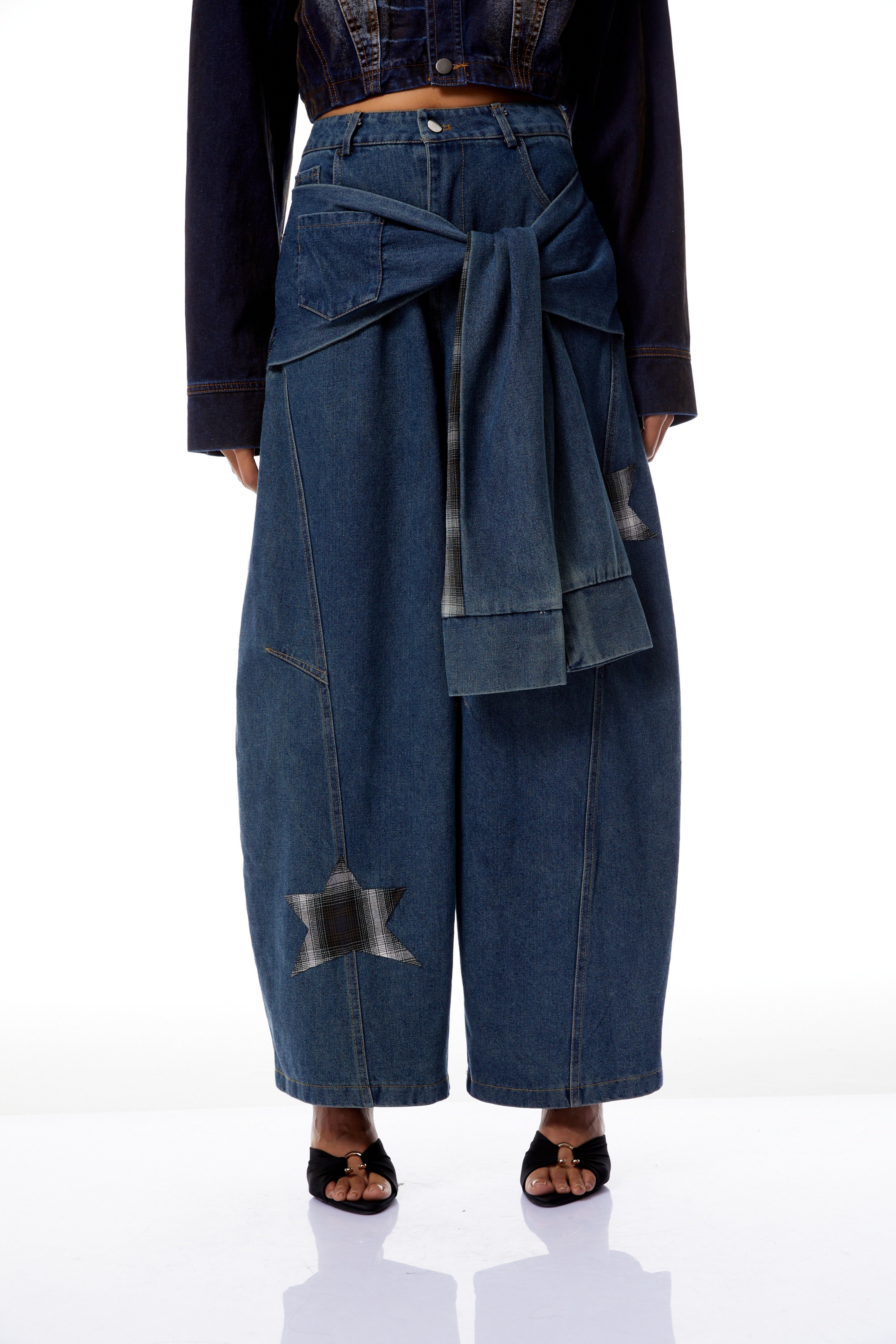 Justine Blue Checked Patchwork Baggy Jeans