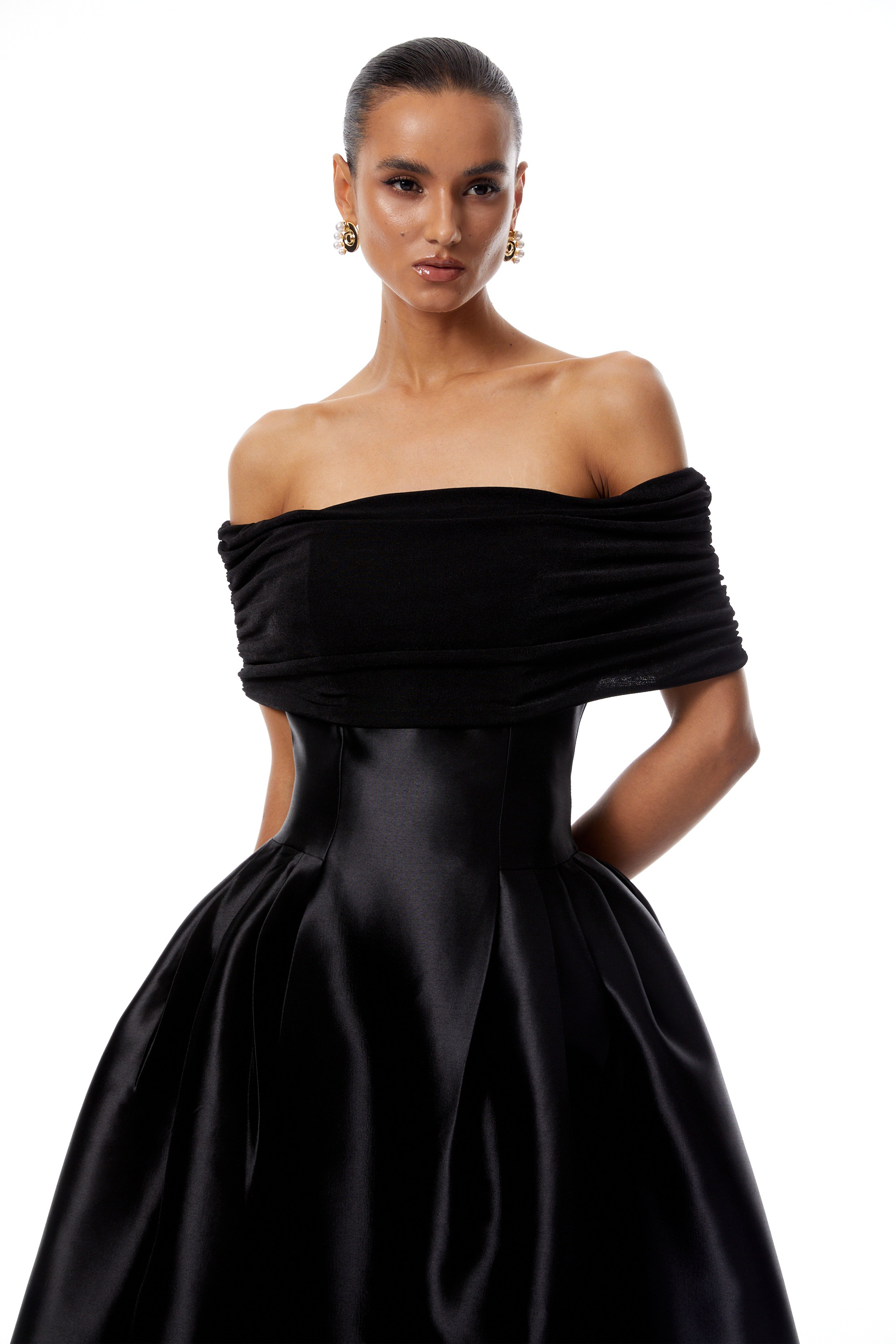 Ainara Black Off Shoulder Polished Midi Dress (Final Sale-US Only)