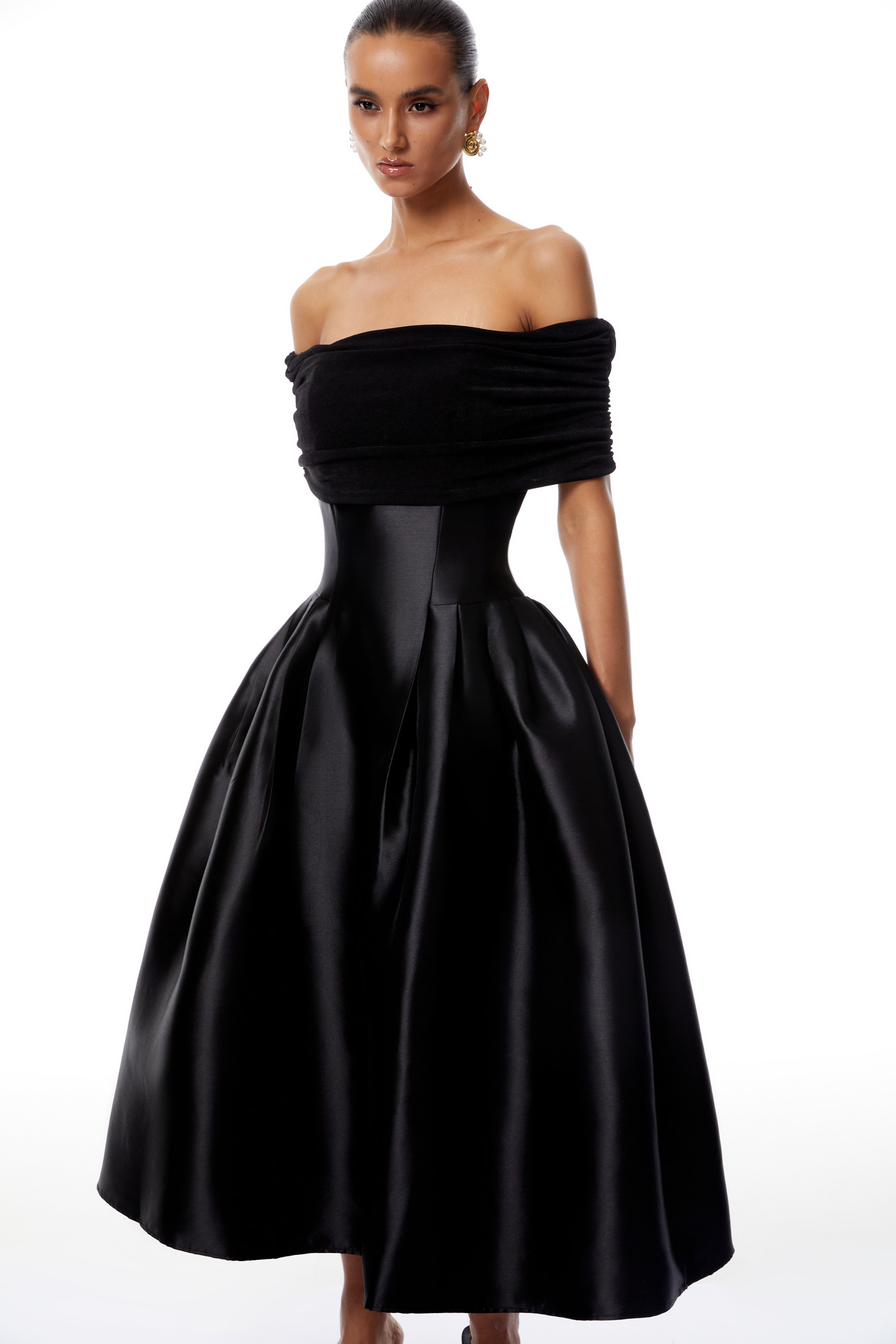 Ainara Black Off Shoulder Polished Midi Dress (Final Sale-US Only)