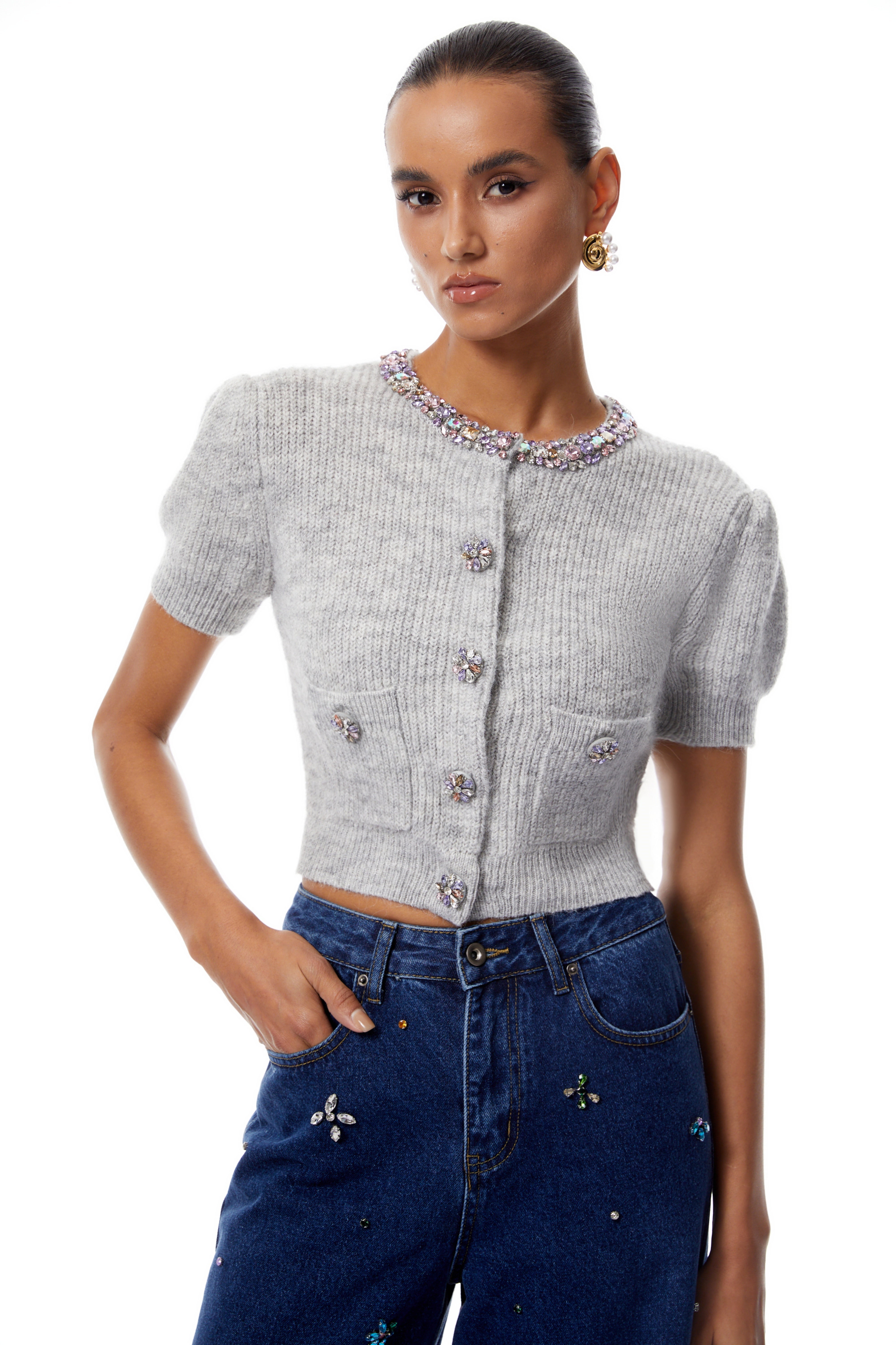 Camille Grey Embellished Ribbed Knit Crop Top