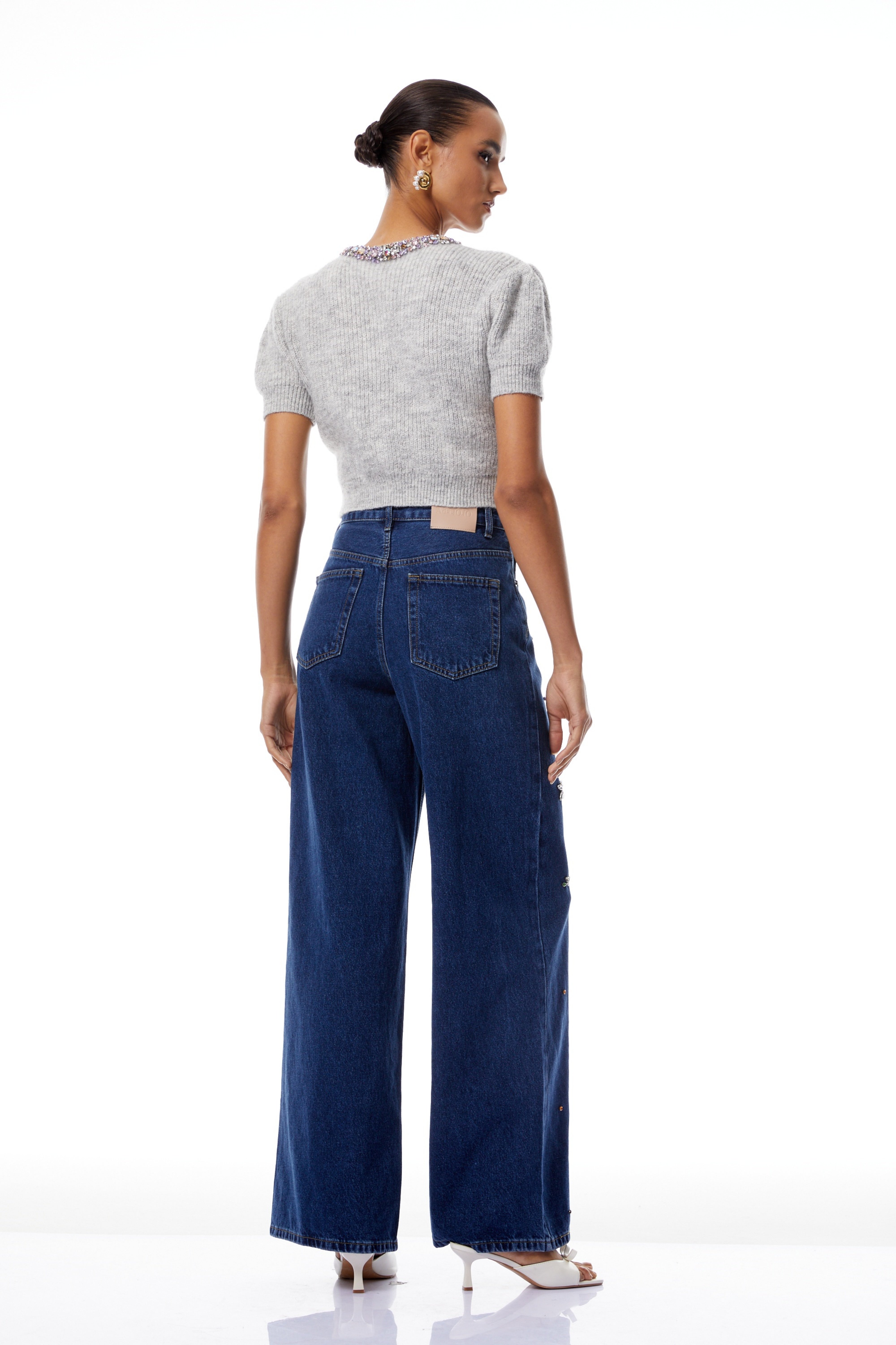 Camille Grey Embellished Ribbed Knit Crop Top