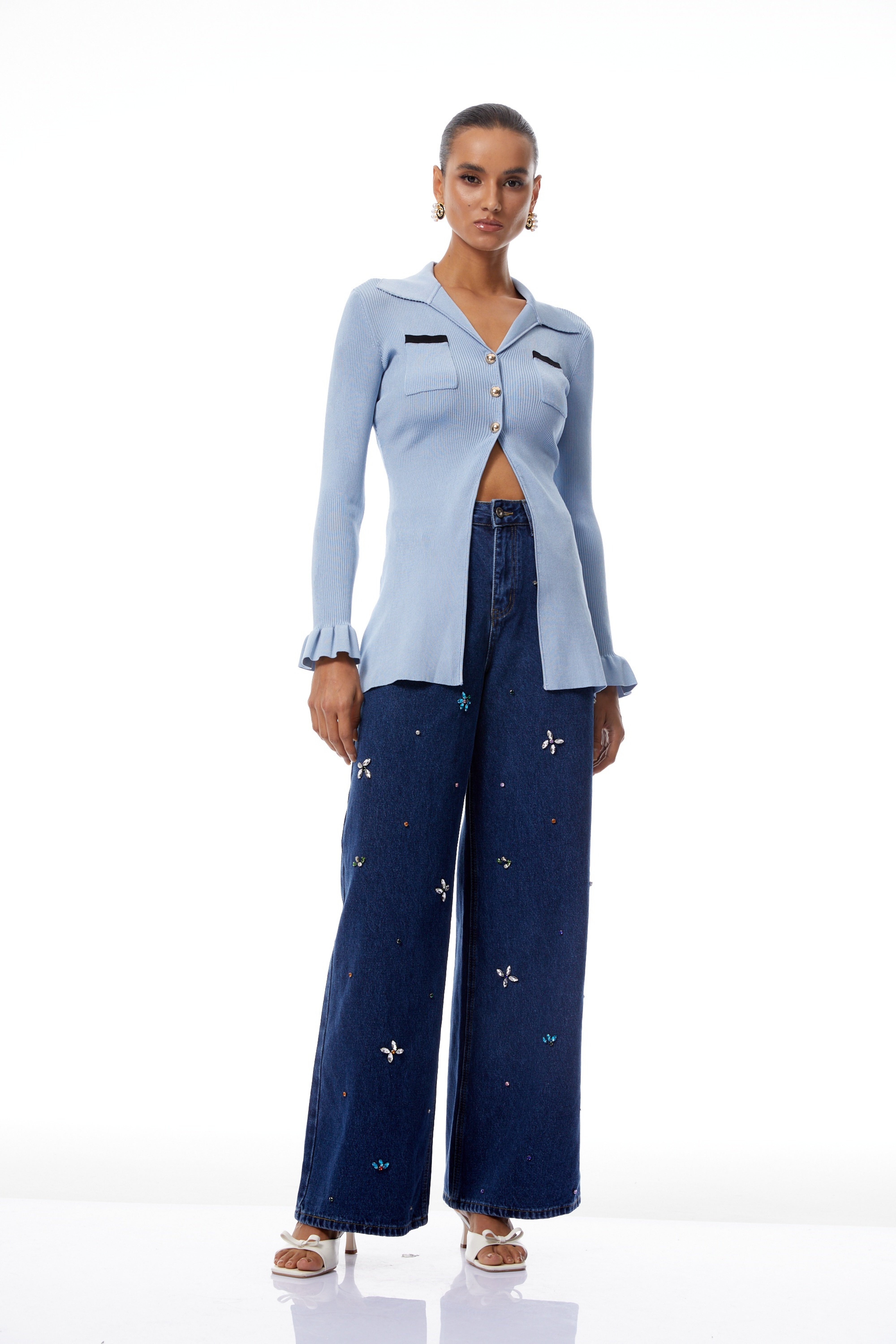 Jade Blue Slit Ribbed Knit Cardigan