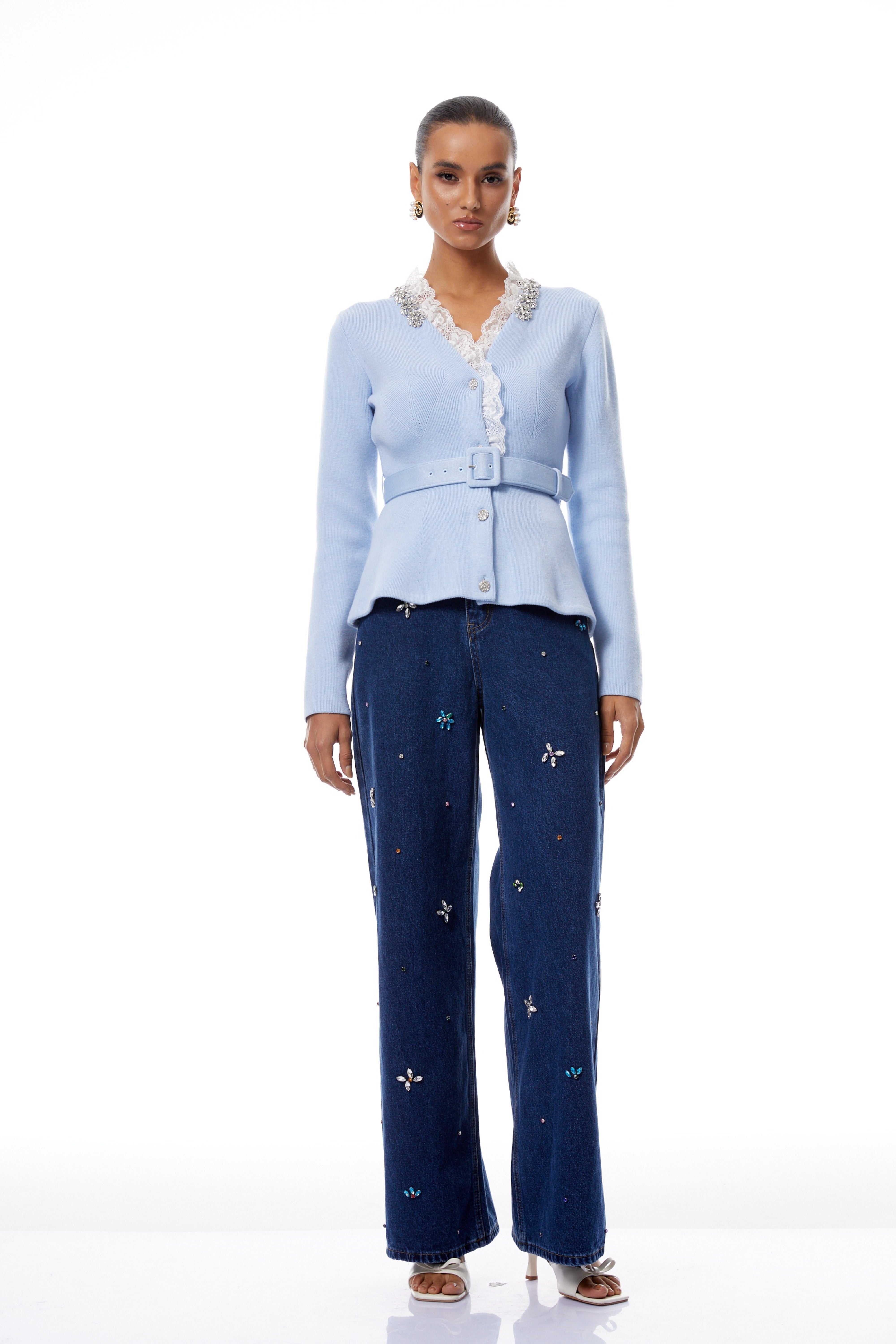 Irina Blue Embellished Ruffled Ribbed Knit Cardigan (Final Sale)