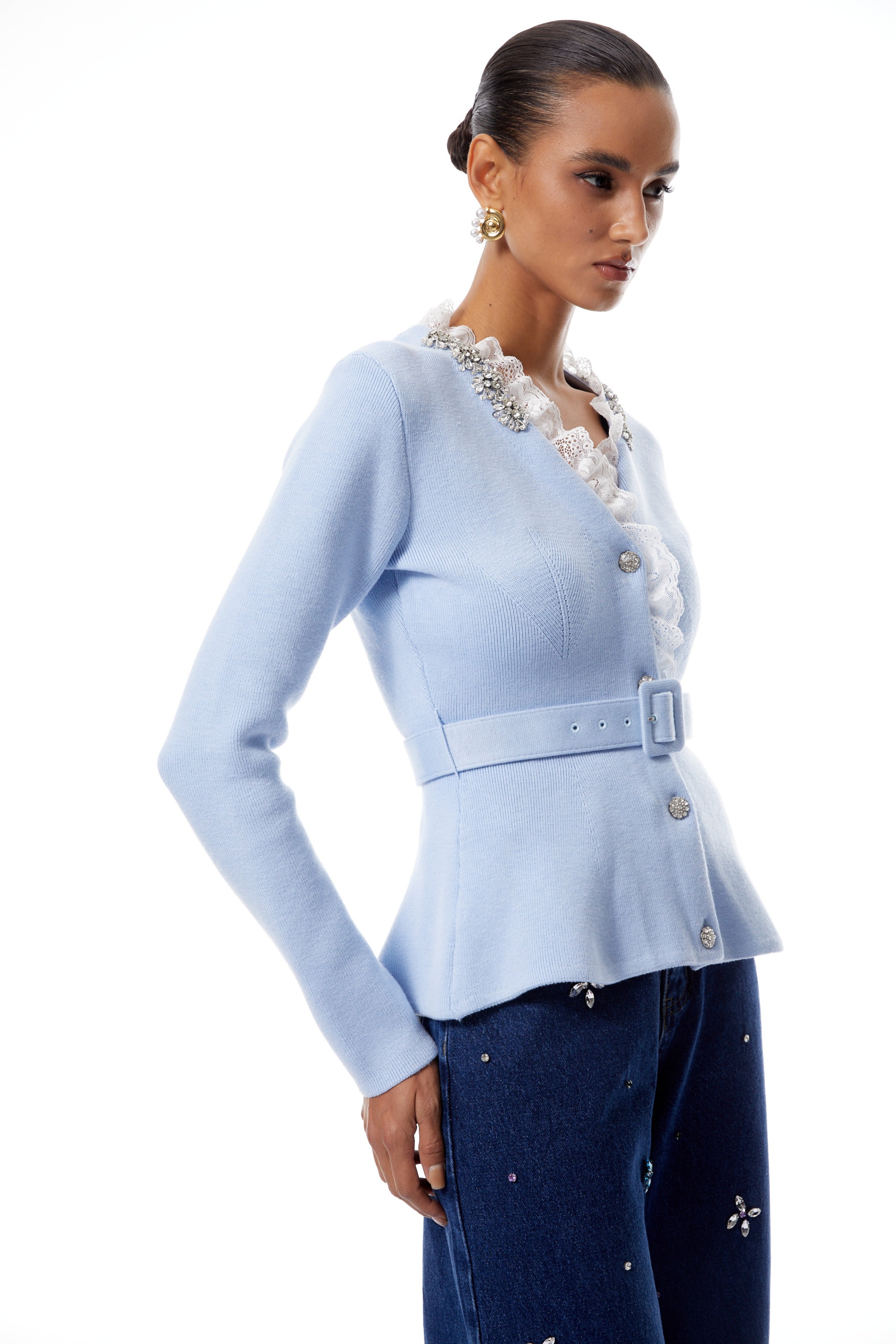 Irina Blue Embellished Ruffled Ribbed Knit Cardigan