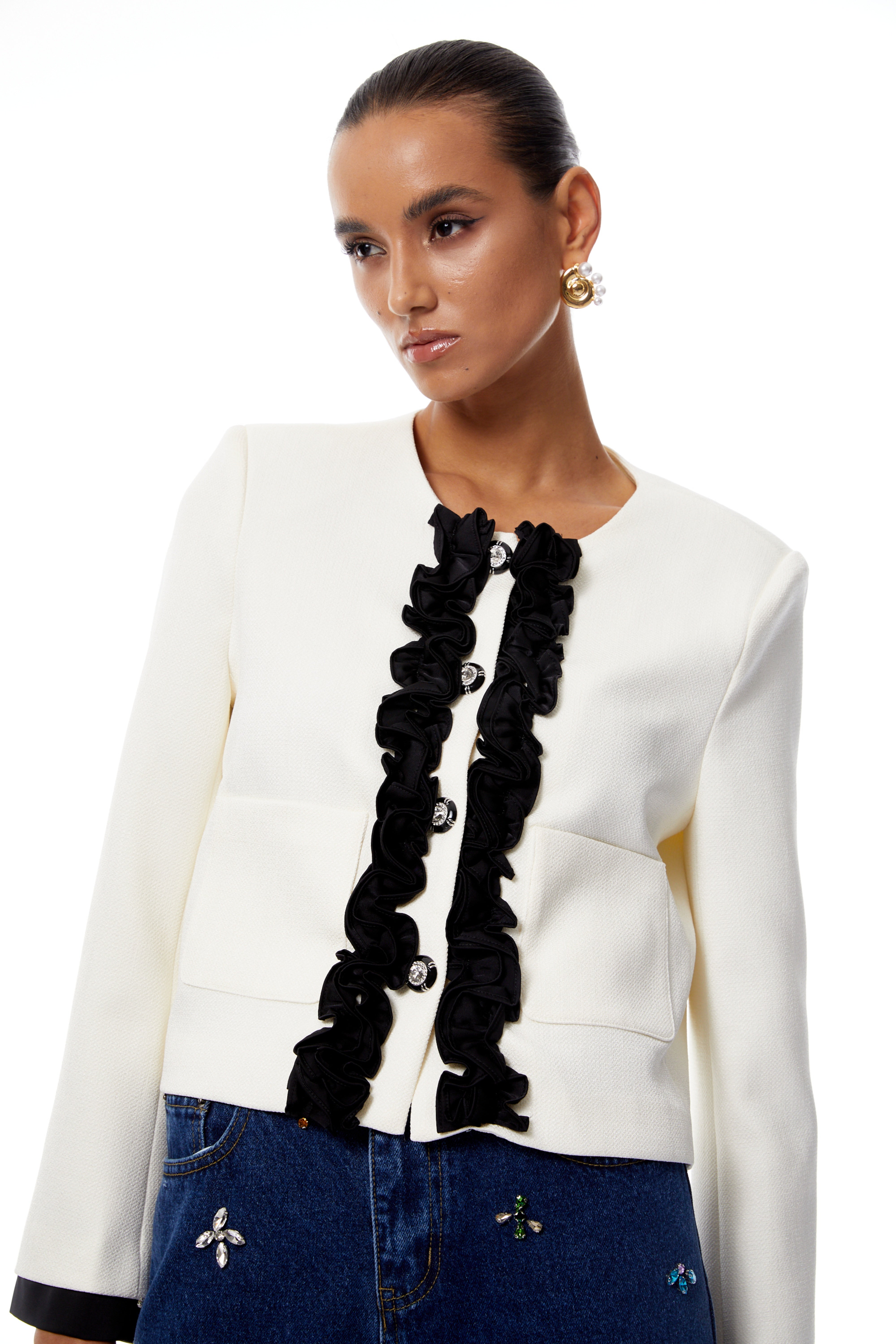 Vivienne White Ruffled Trim Short Jacket