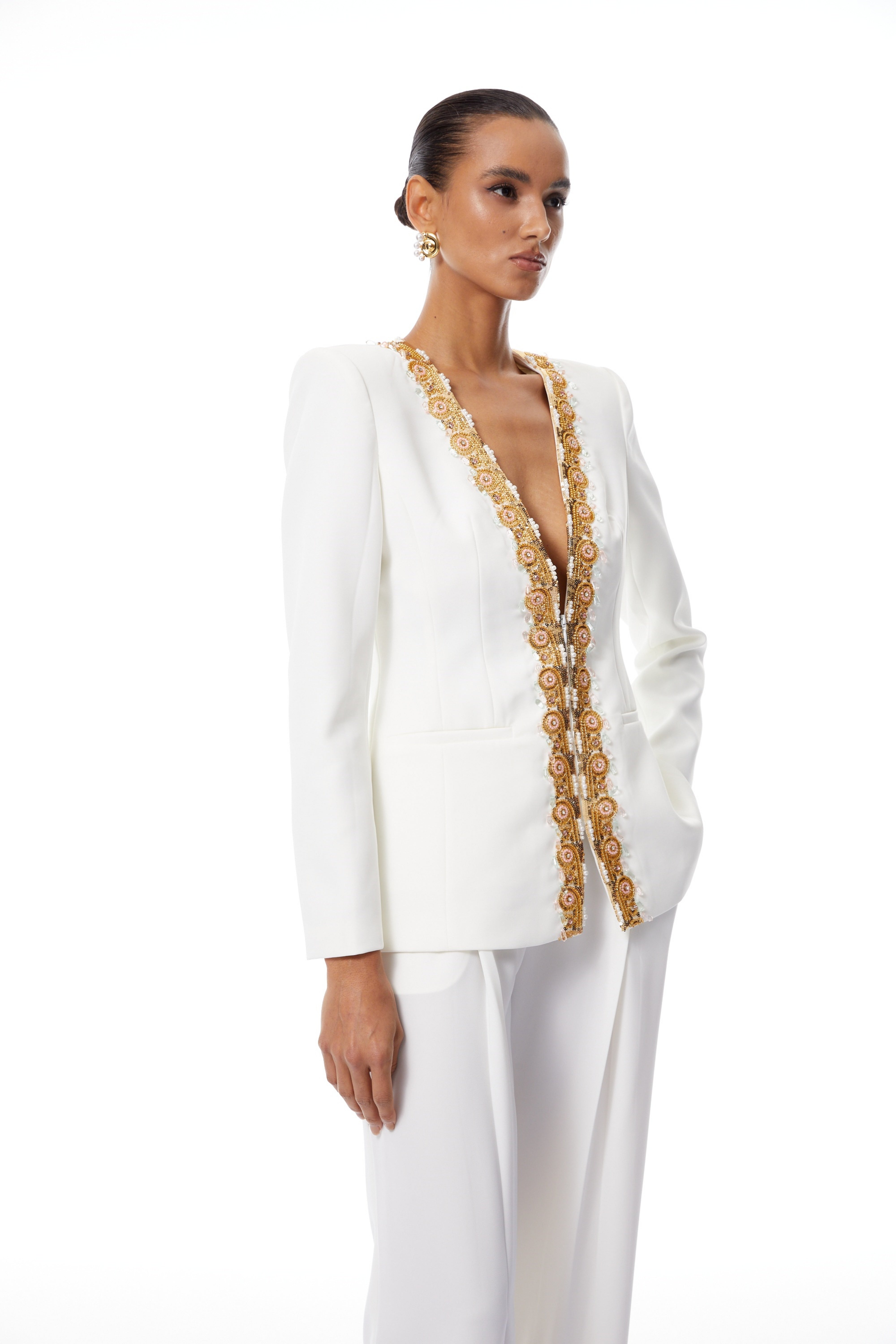 Leopoldine White Embellished Blazer & Trousers Set