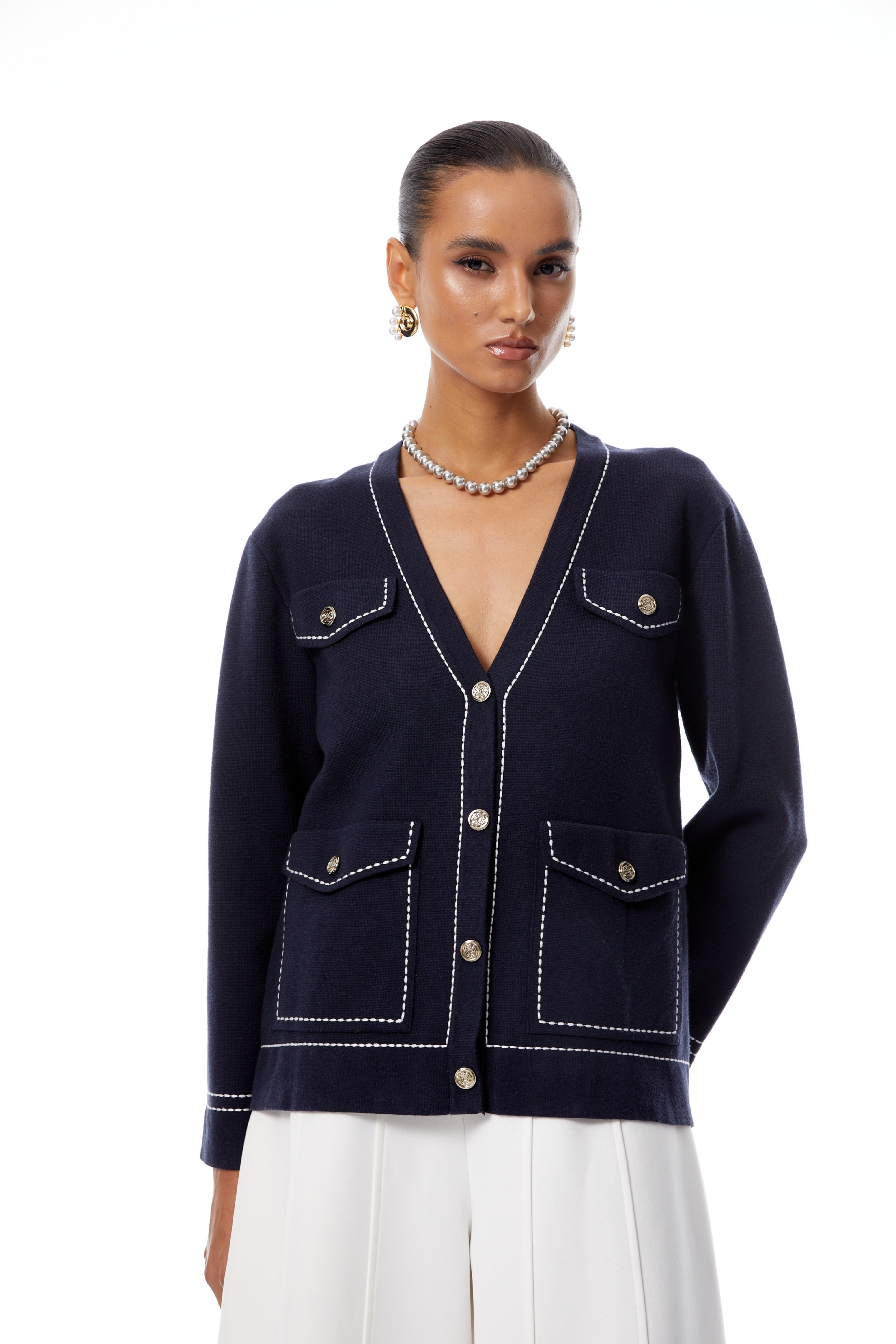 Margaux Blue Contrast Stitching Knit Cardigan
