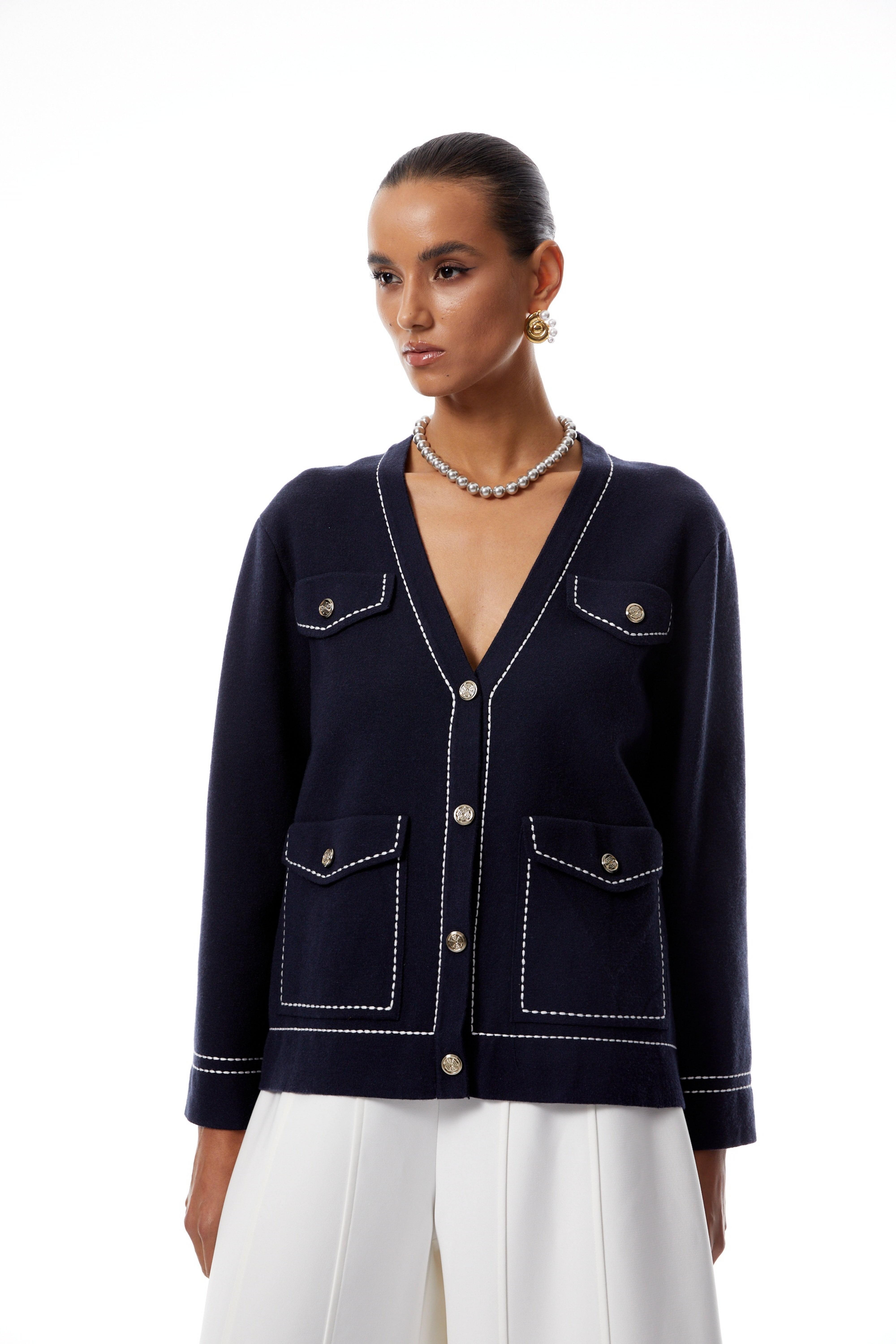 Margaux Blue Contrast Stitching Knit Cardigan