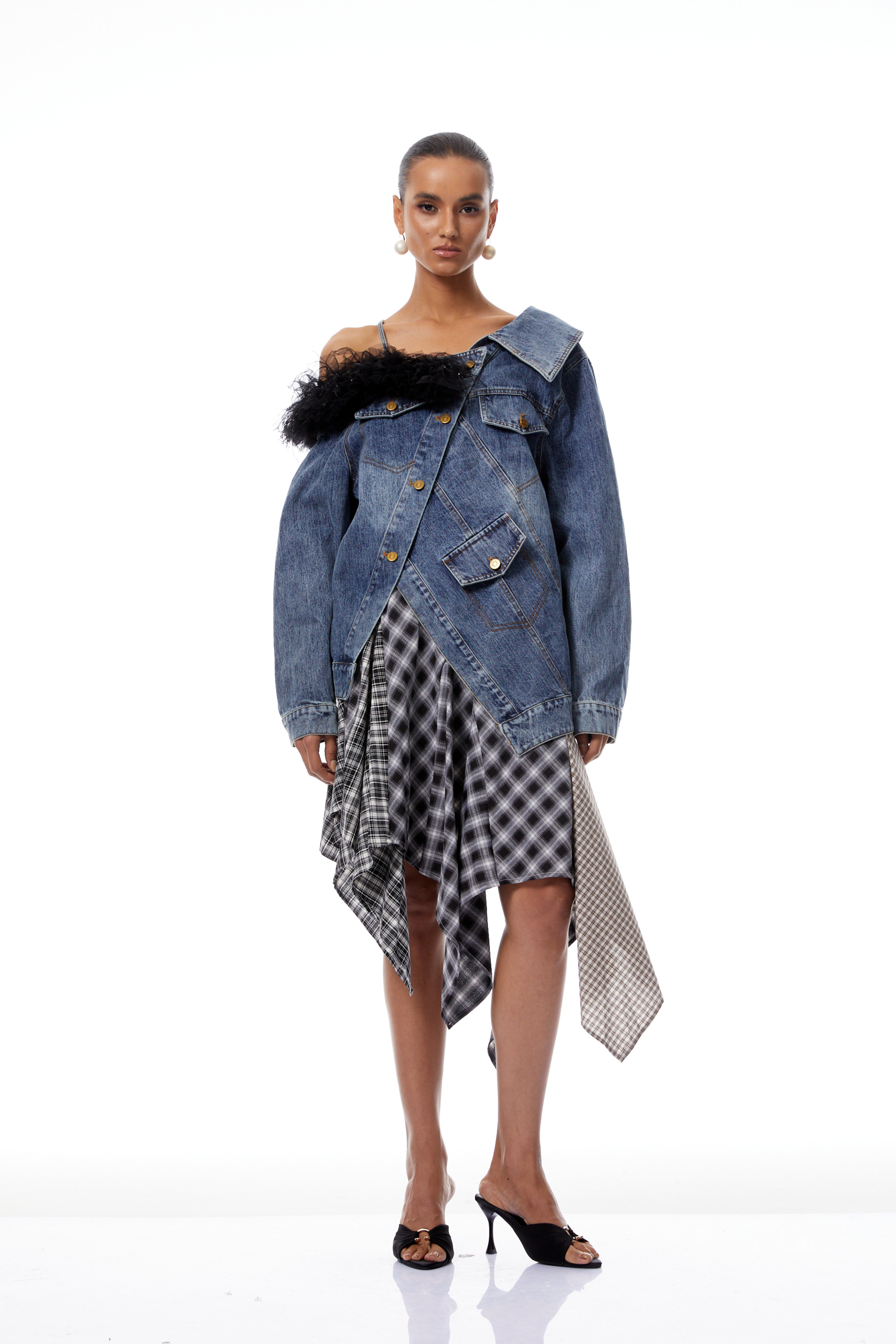 Candela Blue Tulle Panel Asymmetrical Denim Jacket