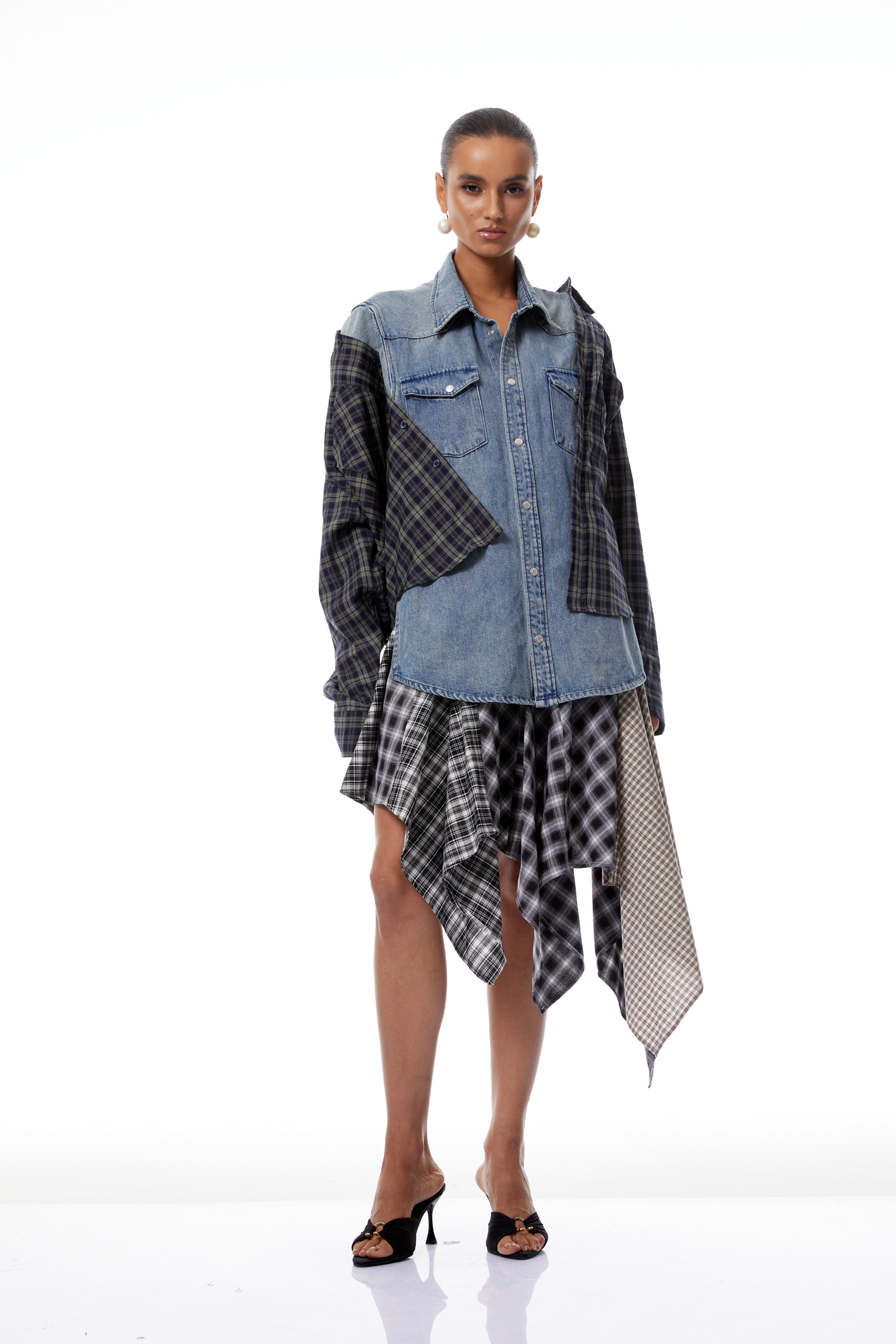 Marina Blue Deconstructed Denim Shirt with Plaid Panels