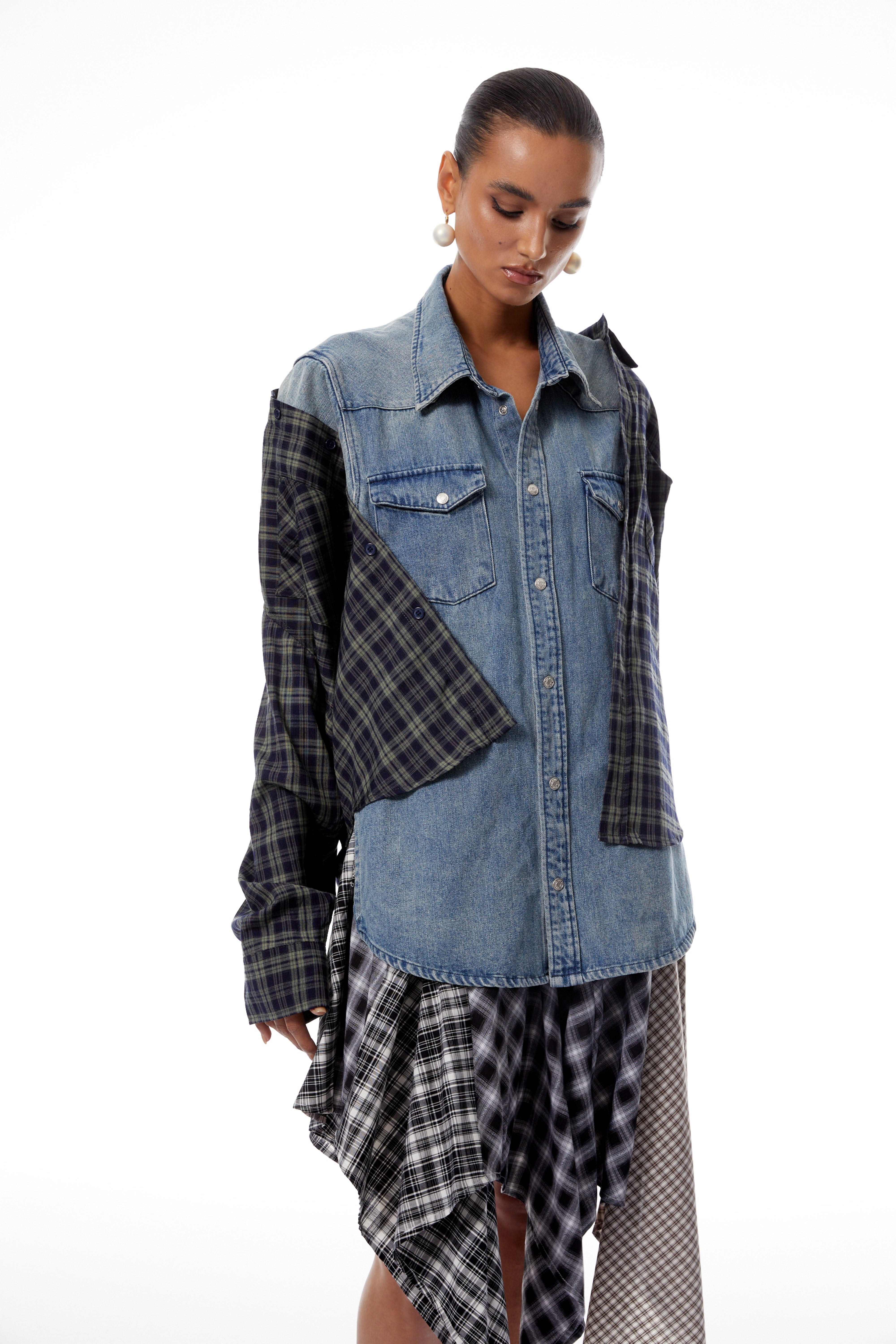 Marina Blue Deconstructed Denim Shirt with Plaid Panels