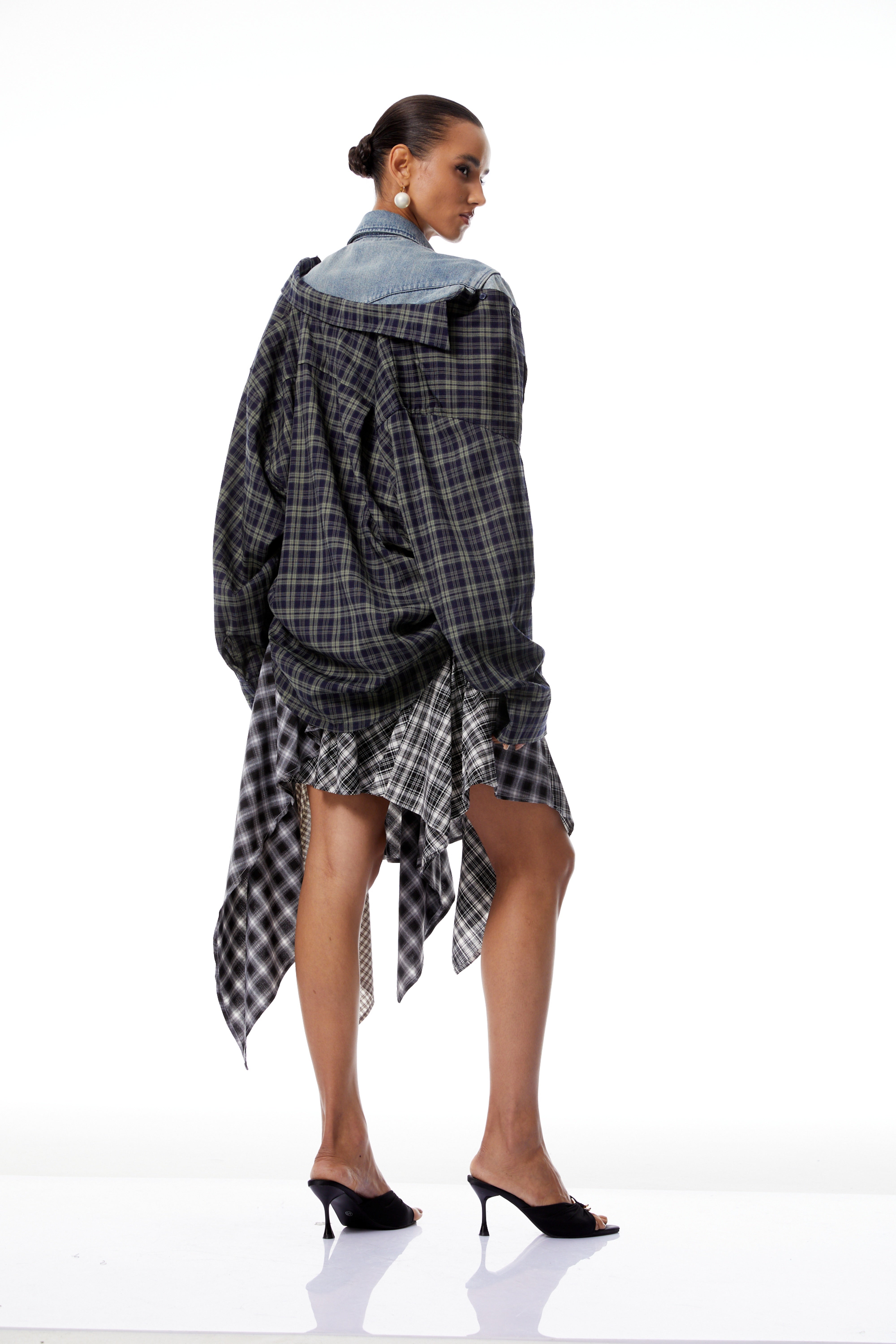 Marina Blue Deconstructed Denim Shirt with Plaid Panels