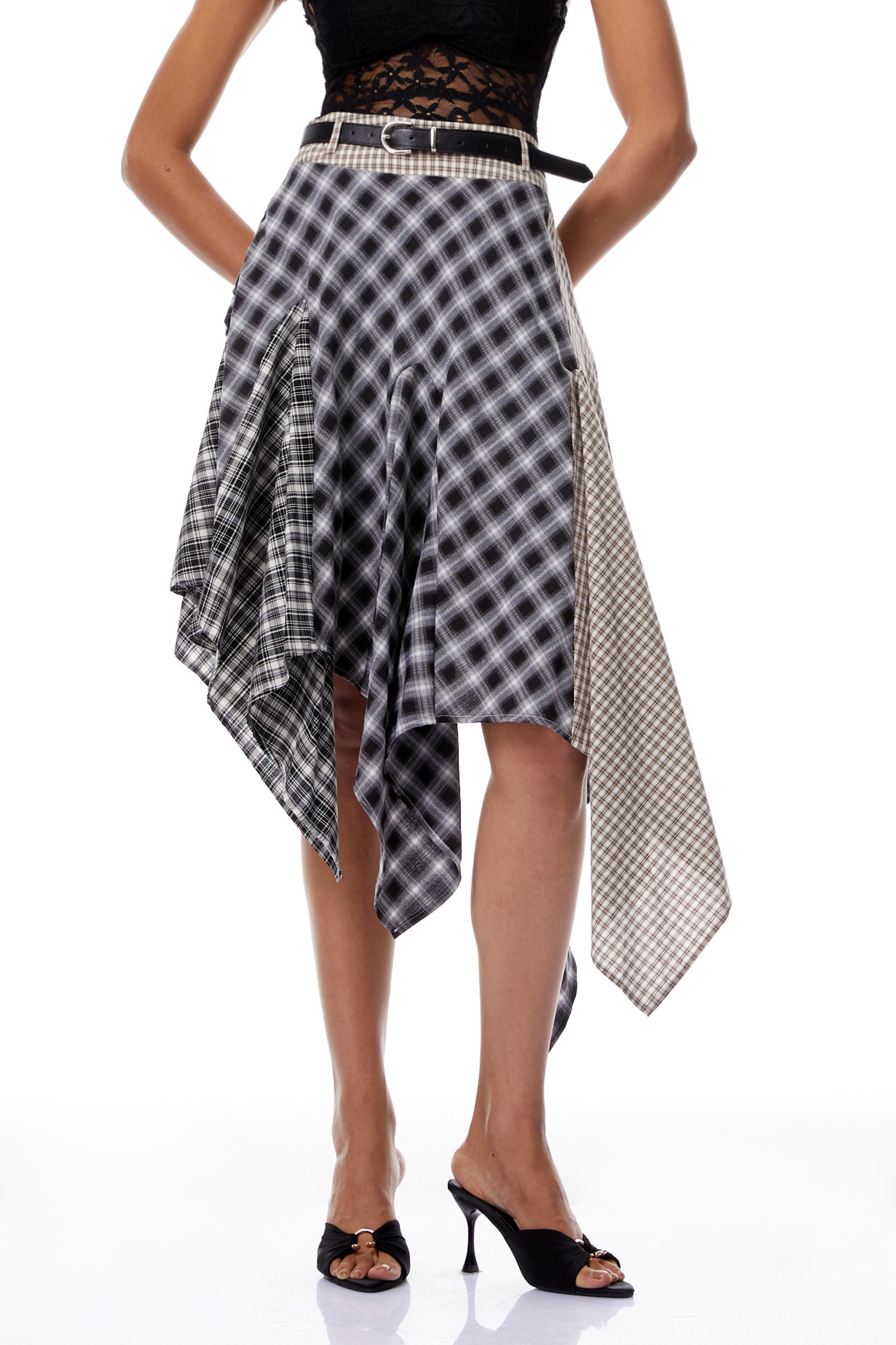 Laia Black Asymmetrical Checked Patchwork Midi Skirt (Final Sale)