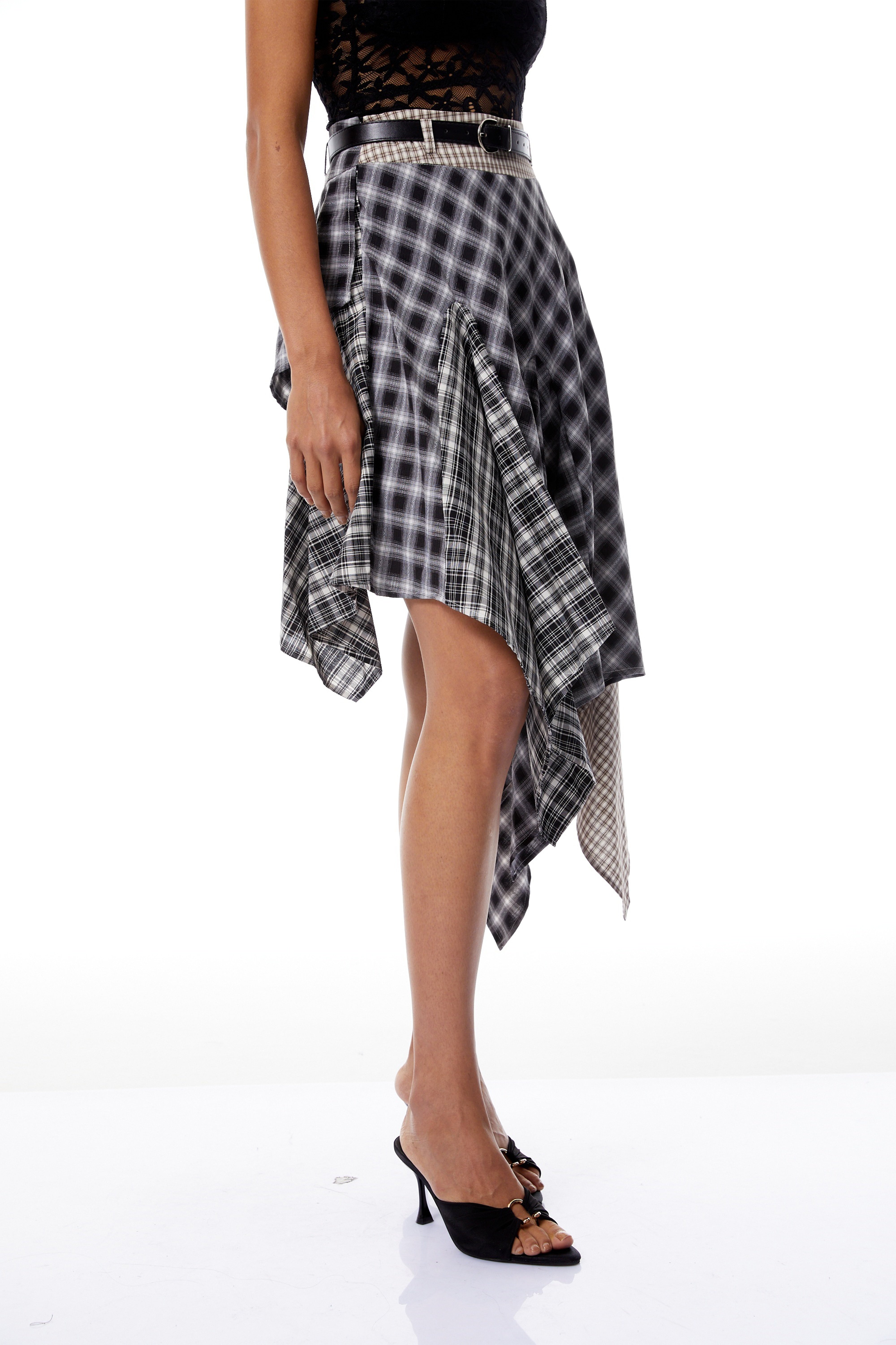 Laia Black Asymmetrical Checked Patchwork Midi Skirt (Final Sale)