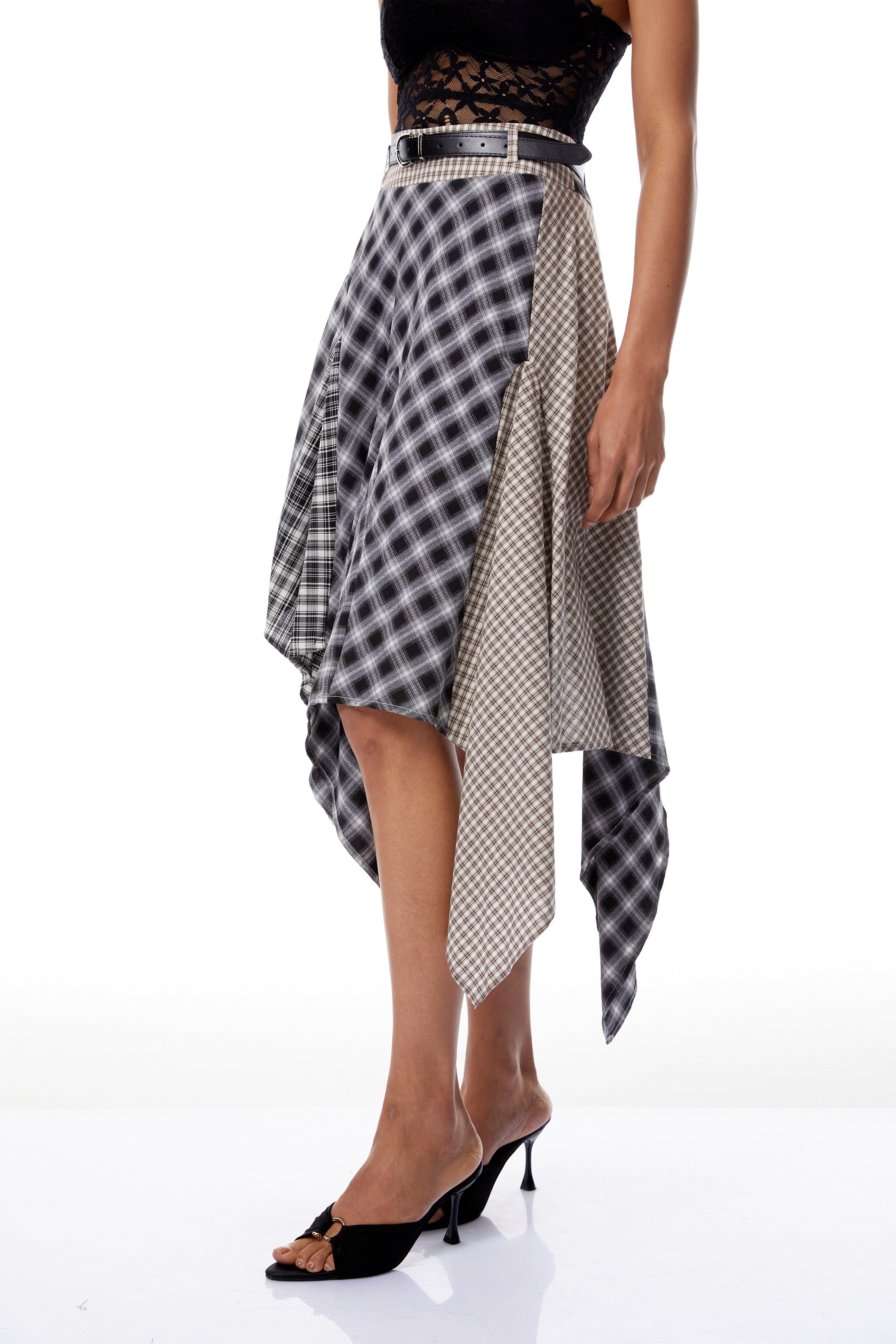Laia Black Asymmetrical Checked Patchwork Midi Skirt (Final Sale)