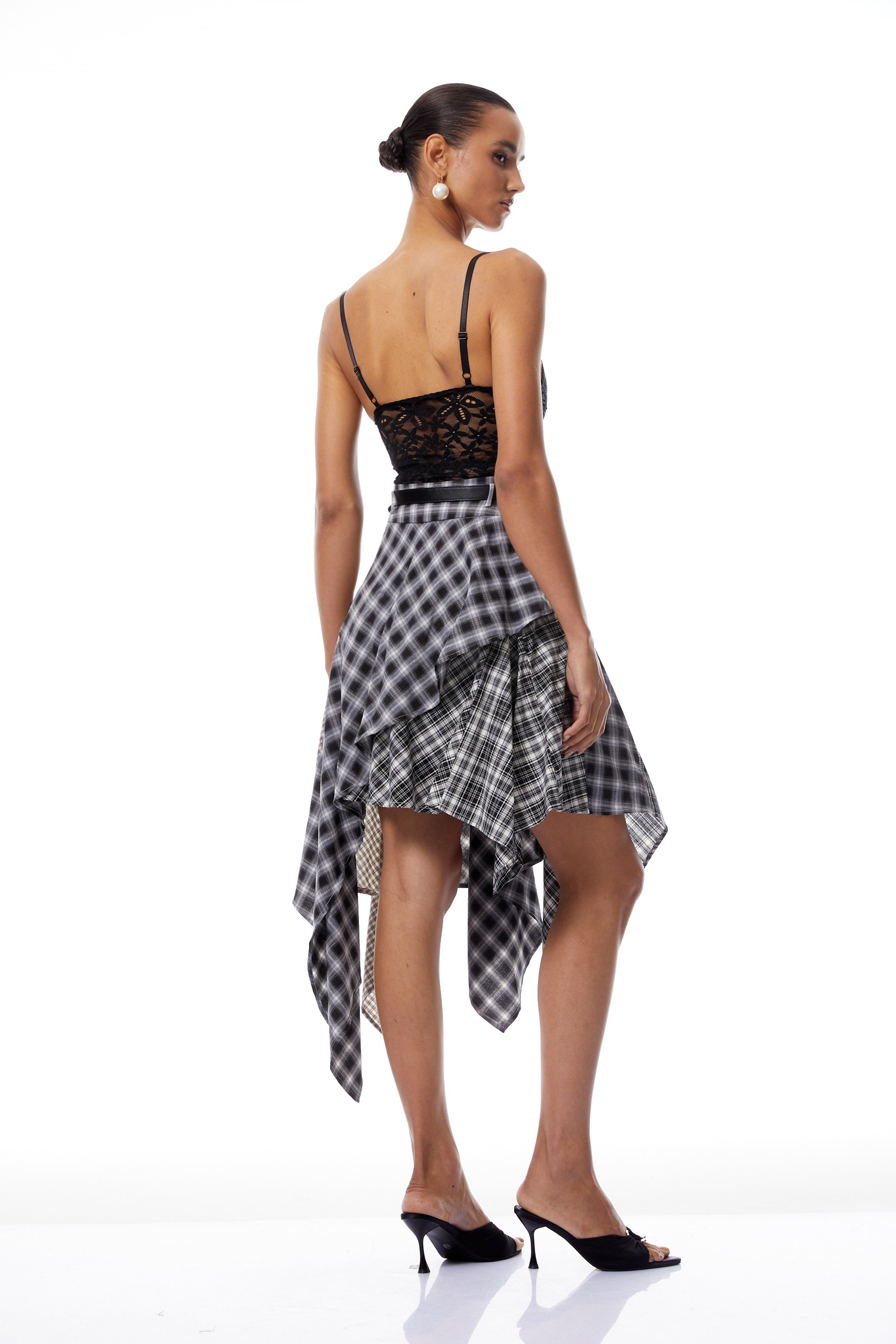 Laia Black Asymmetrical Checked Patchwork Midi Skirt
