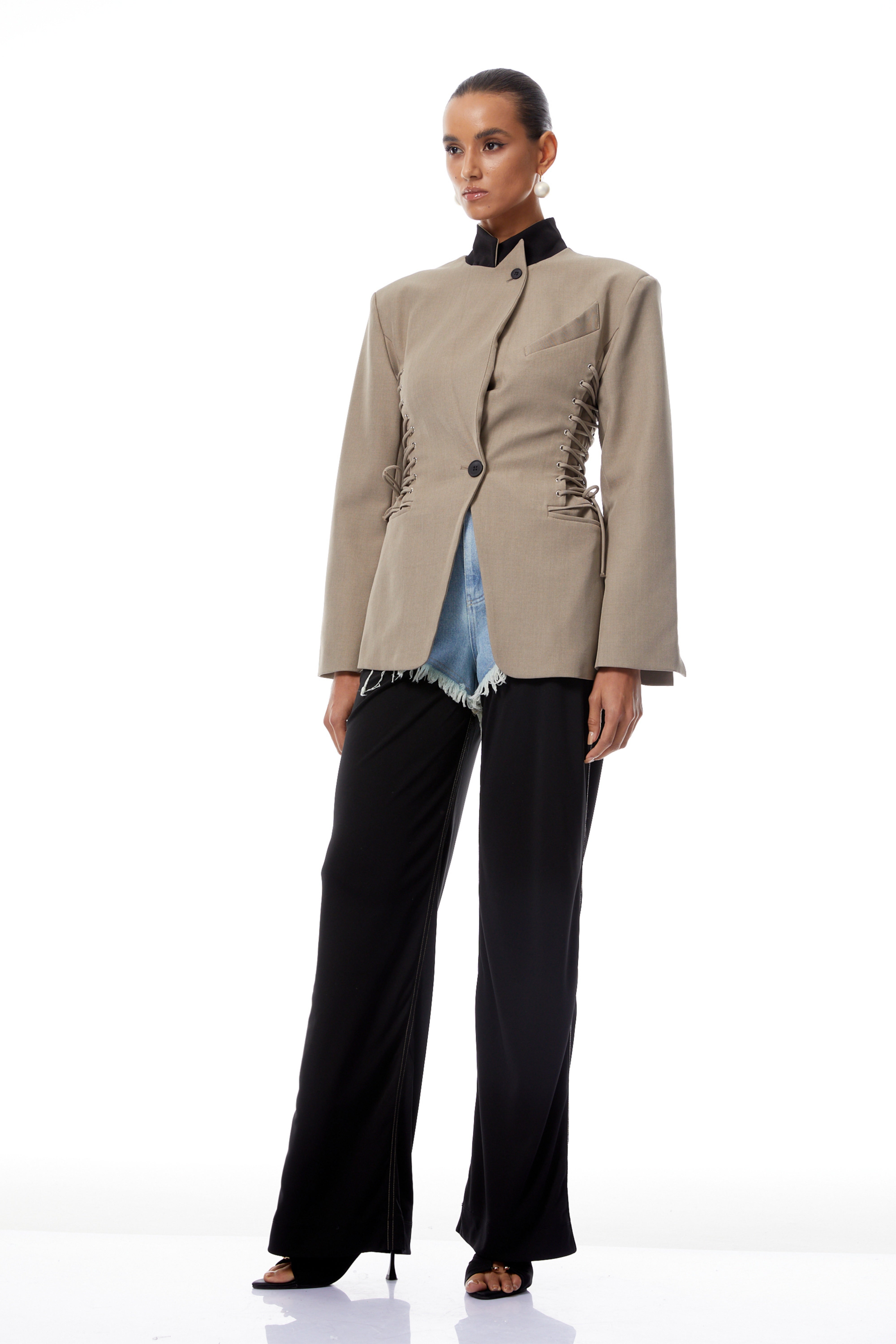 Éliane Grey Lace Up Single-Breasted Blazer