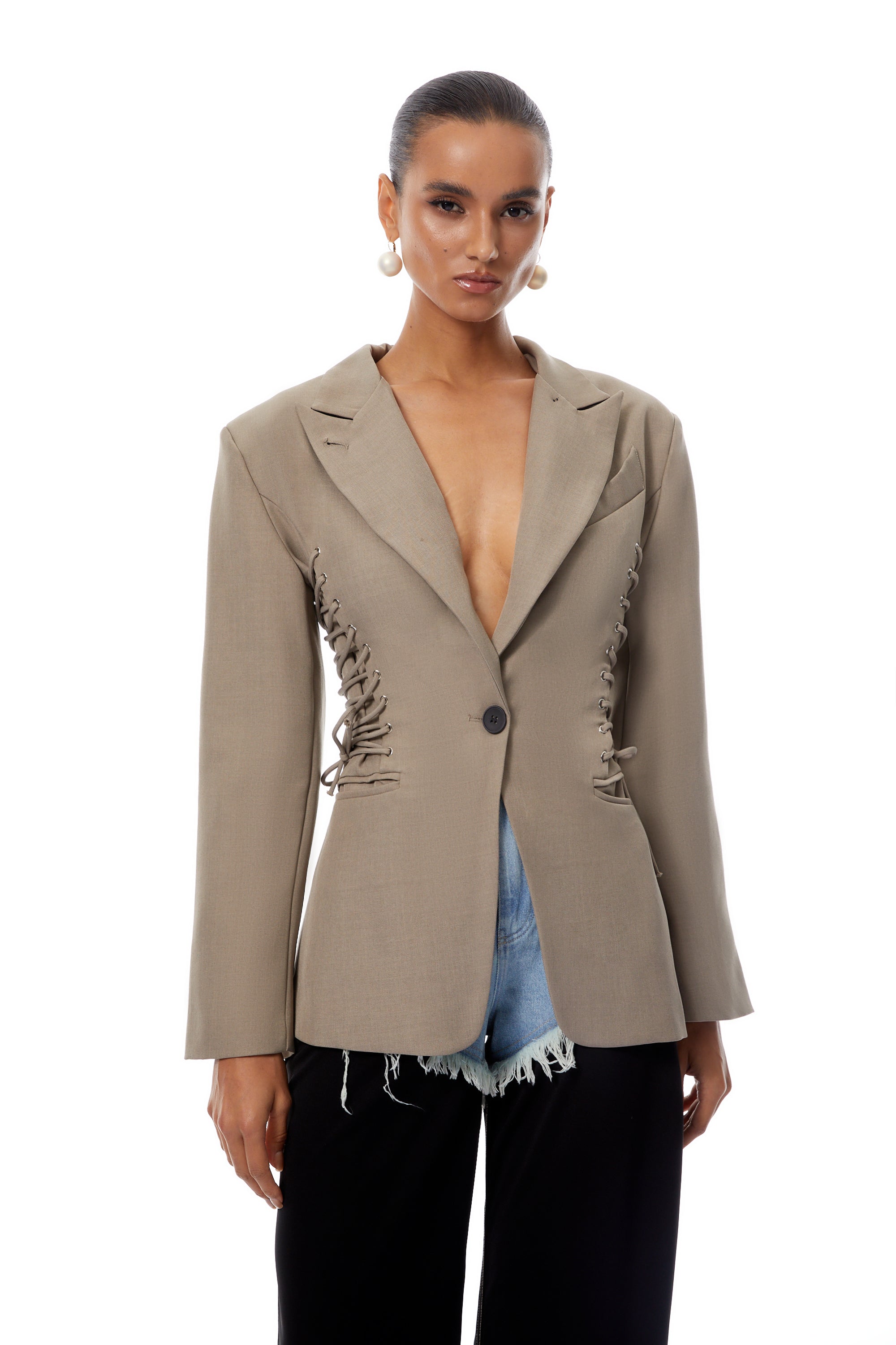 Éliane Grey Lace Up Single-Breasted Blazer