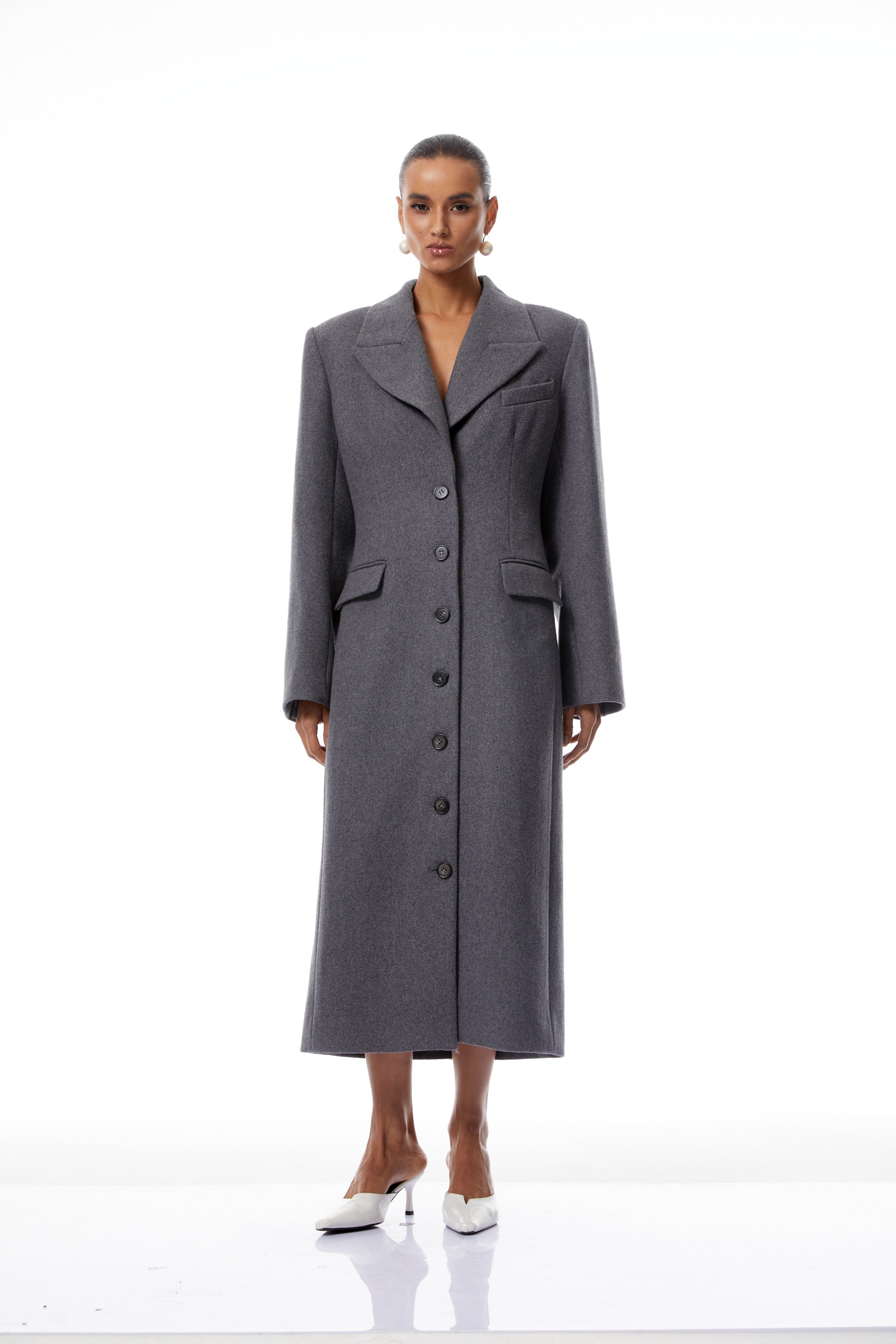 Leire Grey Single-Breasted Tweed Overcoat