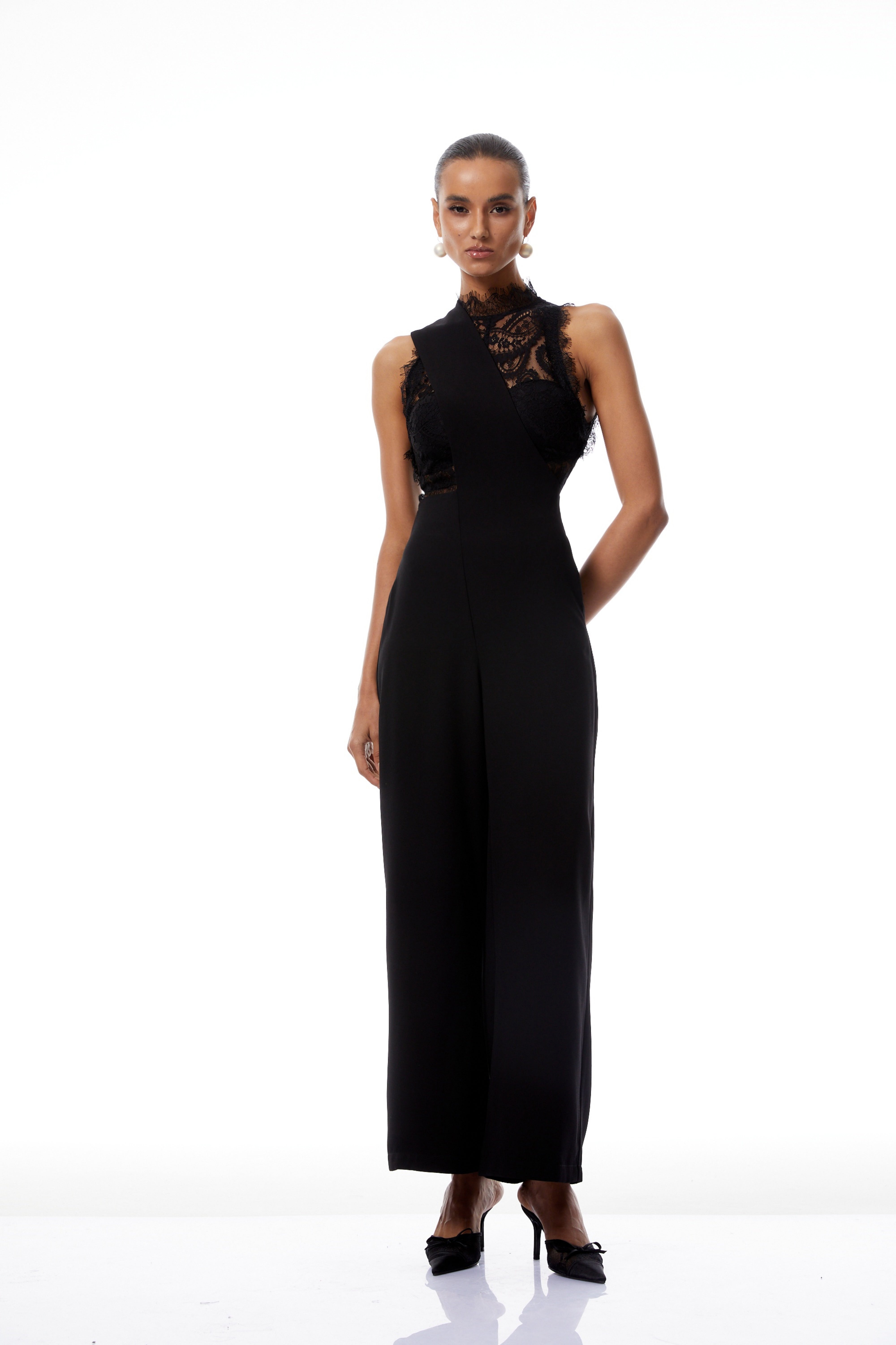 Mélisande Black Lace Top & Asymmetrical Strap Overalls Set