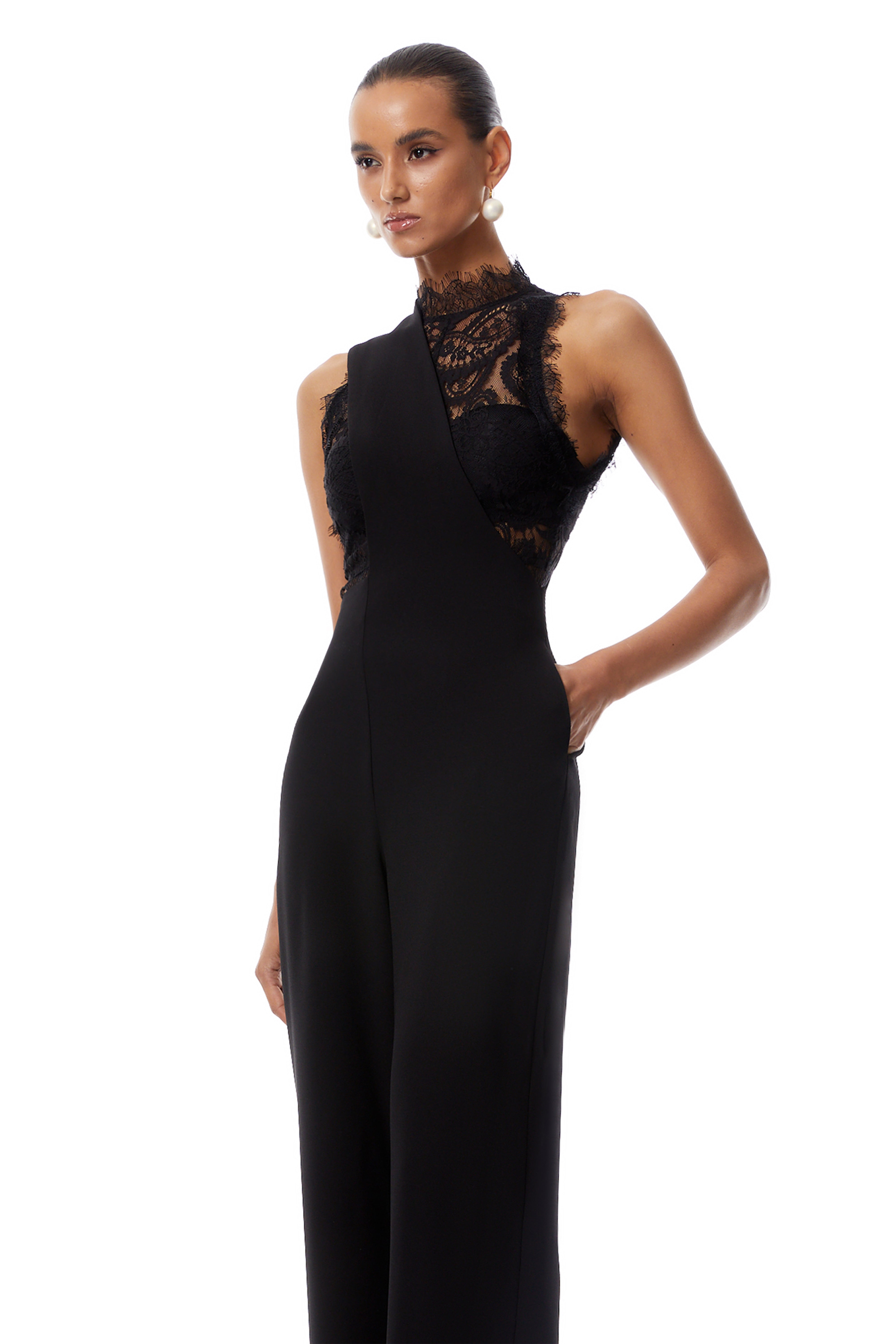 Mélisande Black Lace Top & Asymmetrical Strap Overalls Set