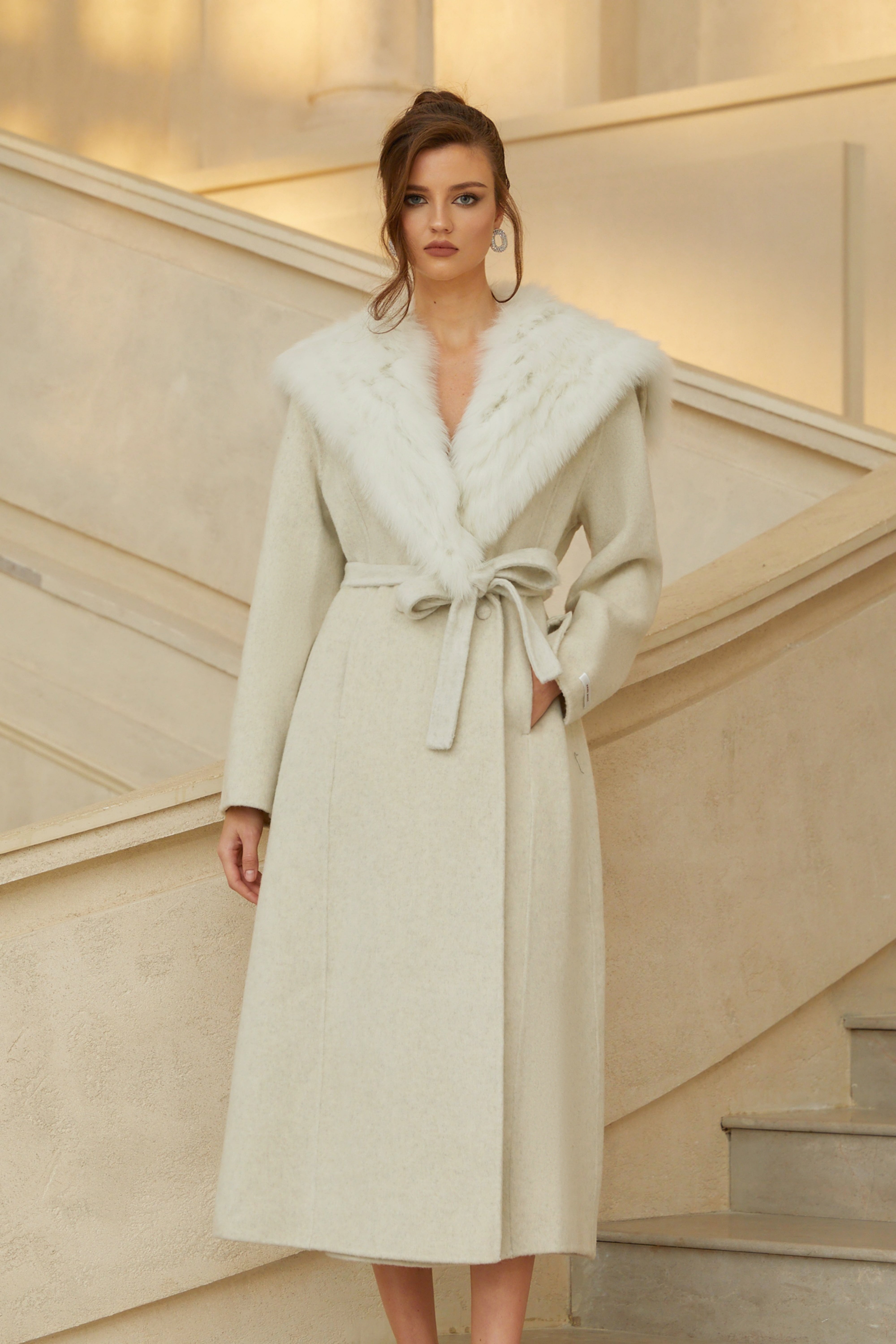 Lavinia Off White Fur Lapel Long Wool Coat
