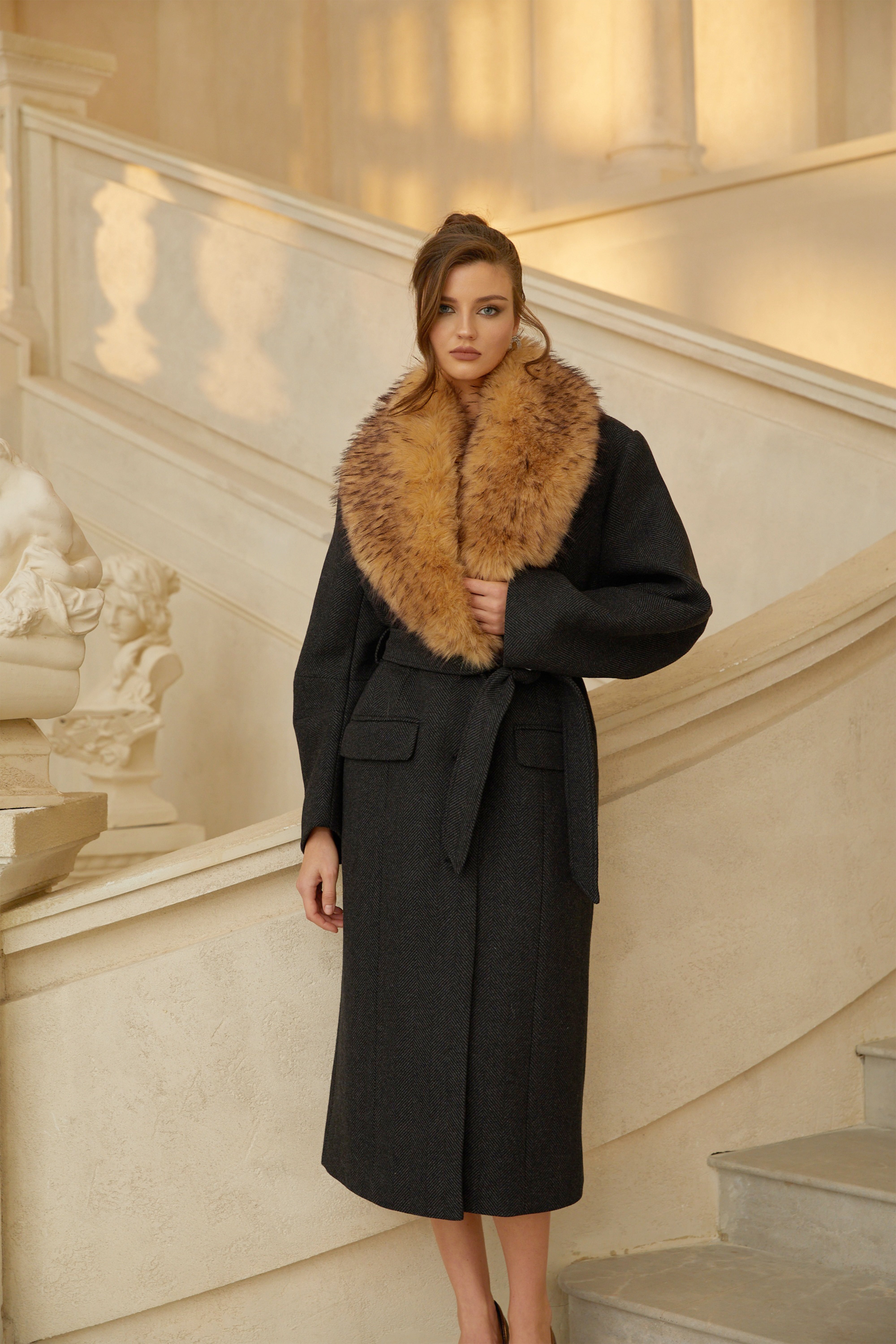 Fable Black Fur Lapel Long Tweed Coat