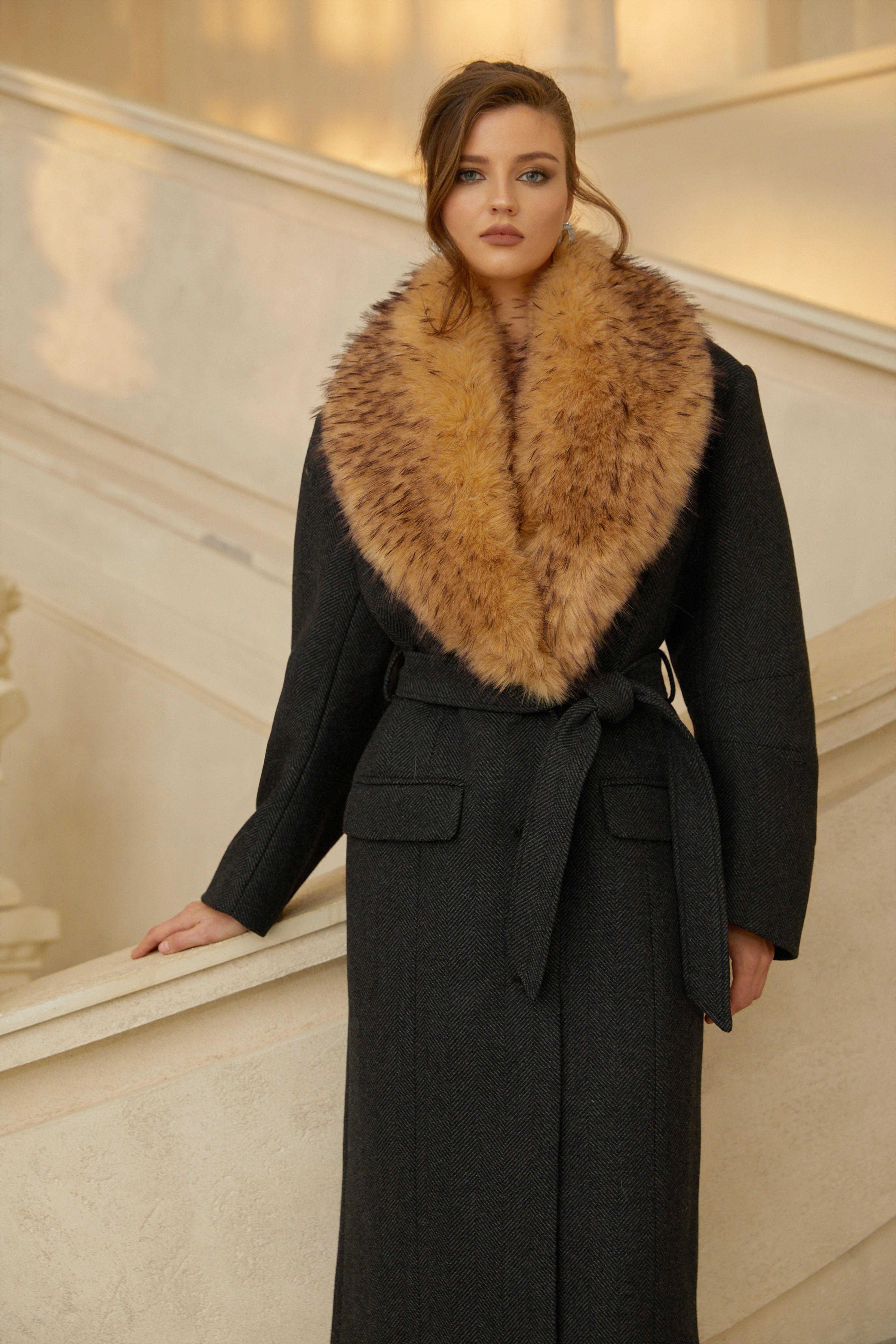 Fable Black Fur Lapel Long Tweed Coat