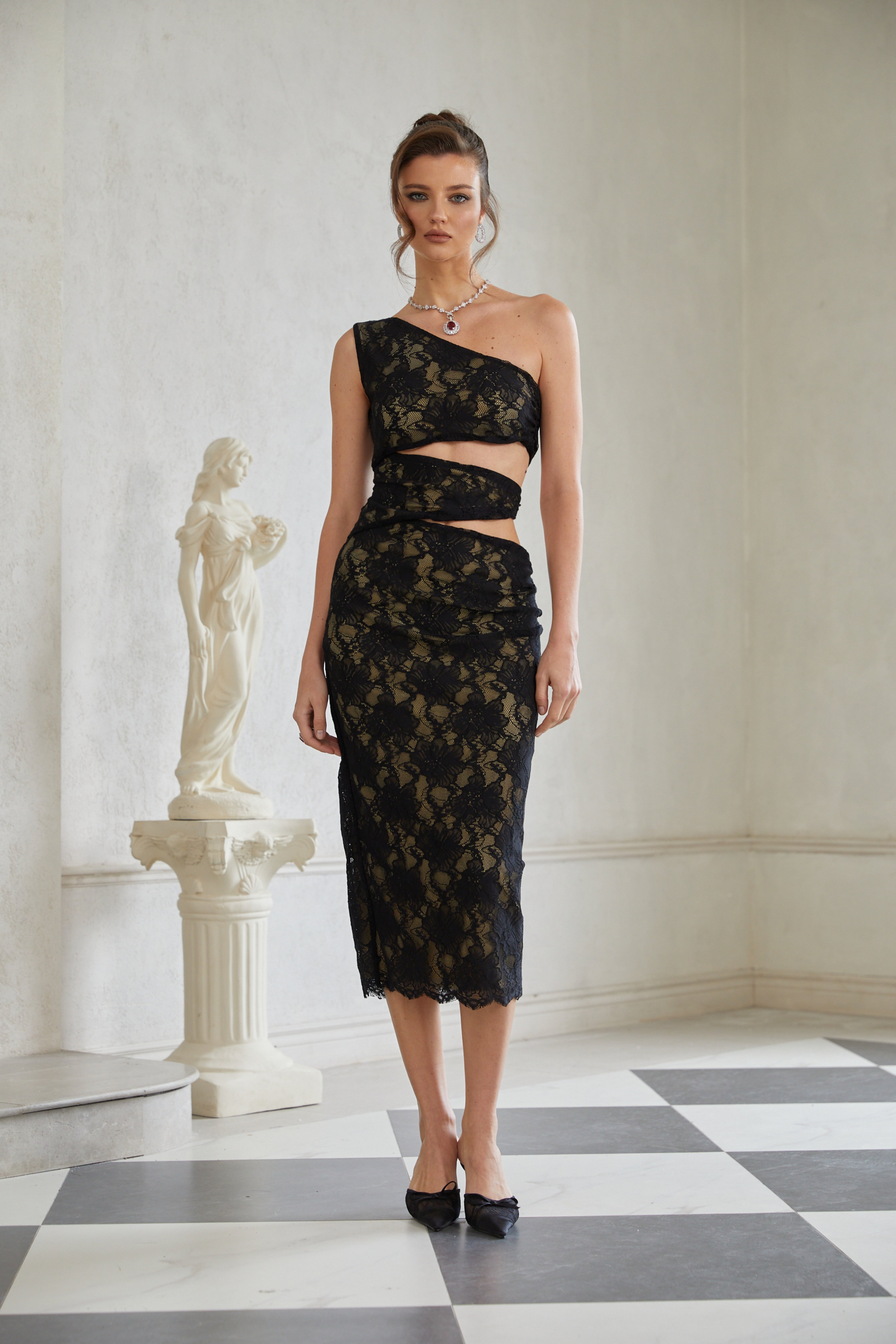 Bianca Black Cut Out Floral Lace Midi Dress