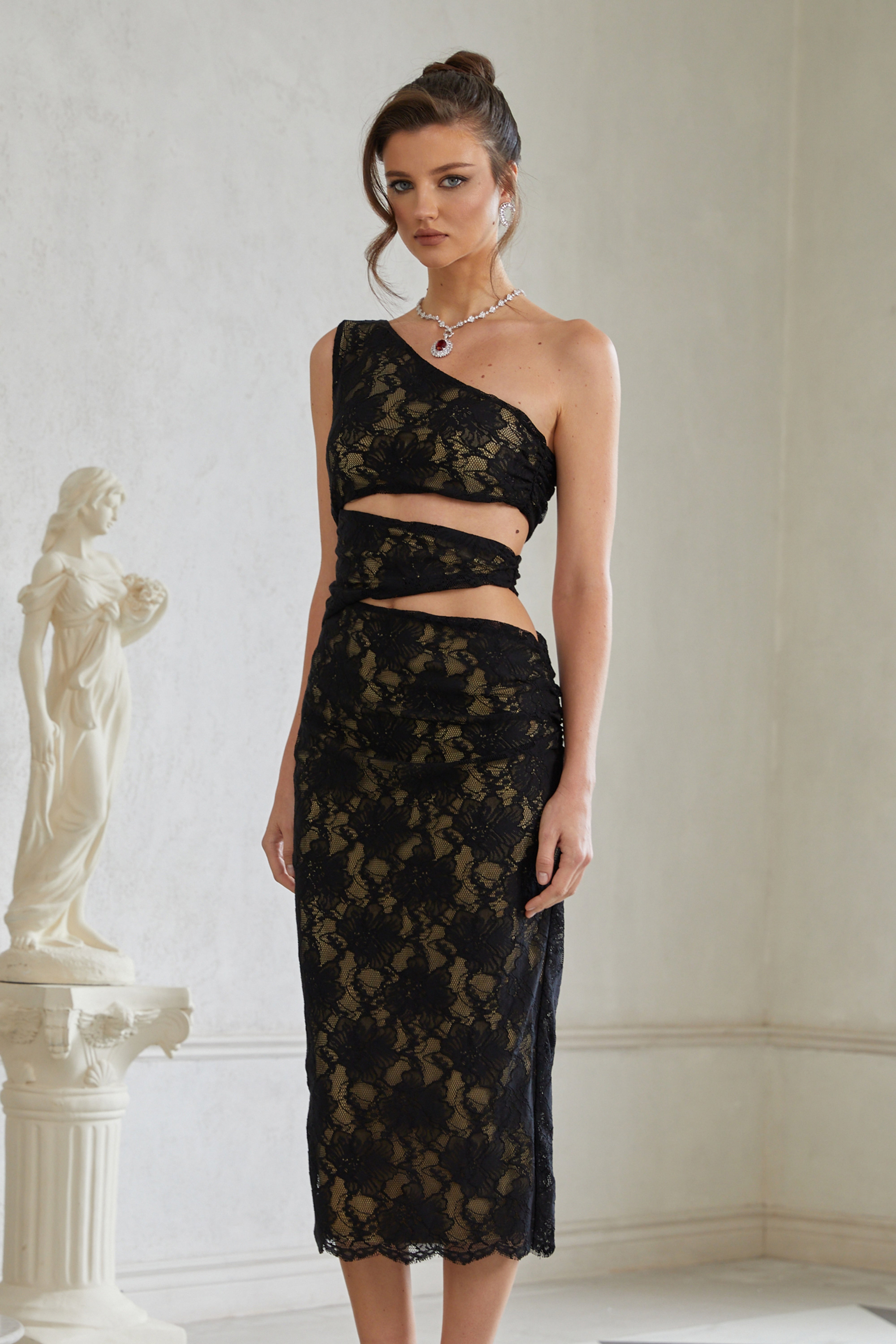 Bianca Black Cut Out Floral Lace Midi Dress