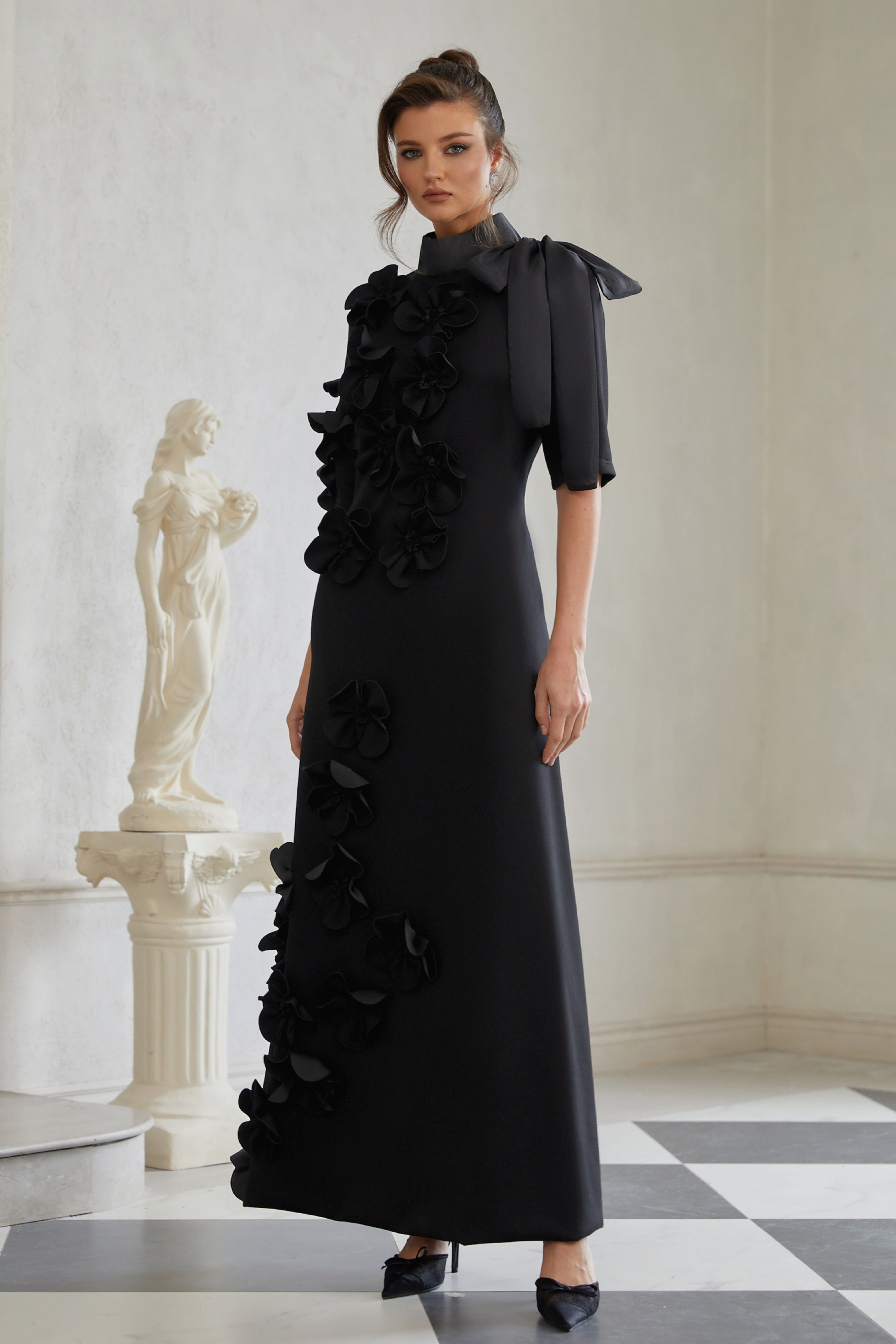 Isidora Black Bowknot Floral Appliqué Maxi Dress