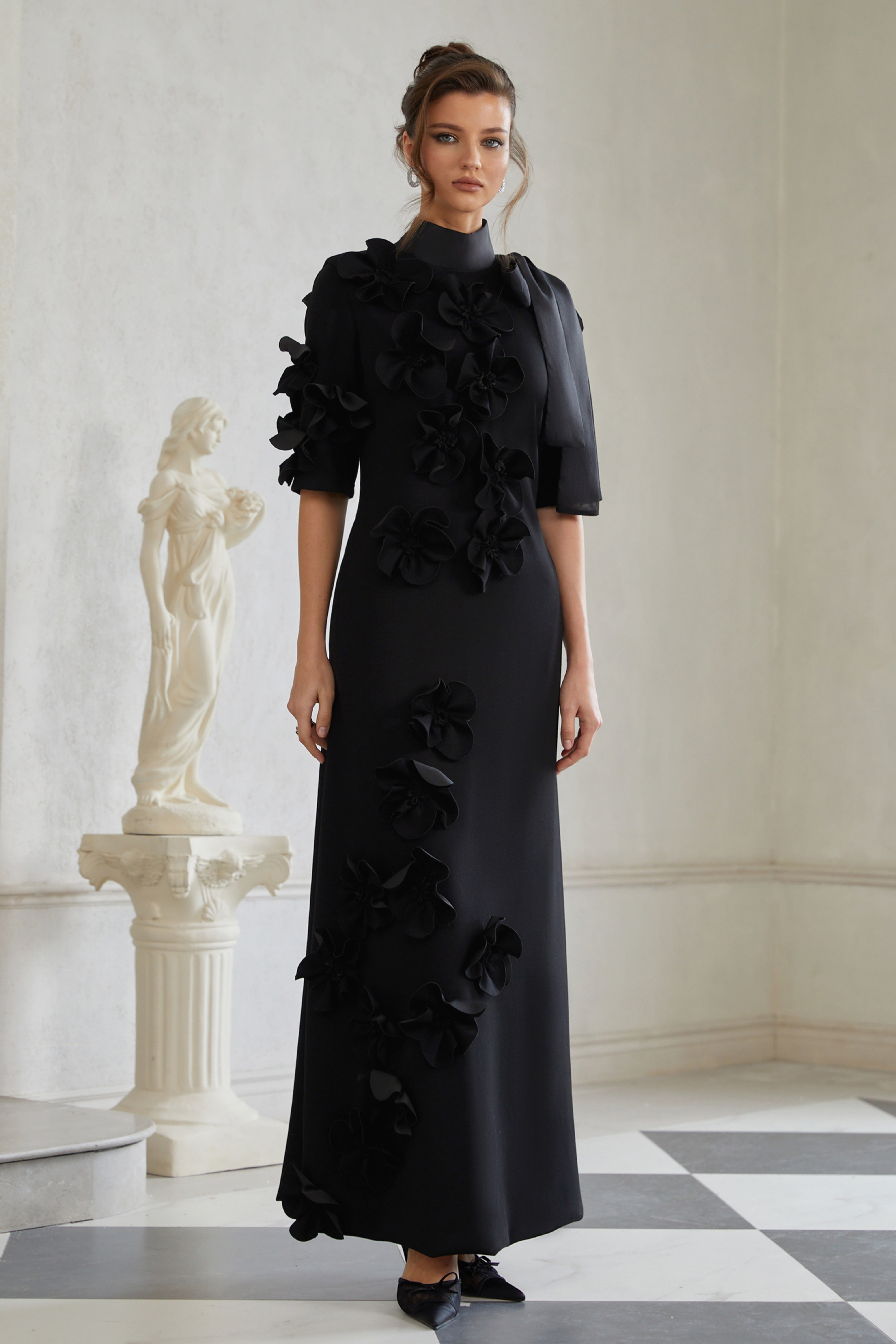 Isidora Black Bowknot Floral Appliqué Maxi Dress