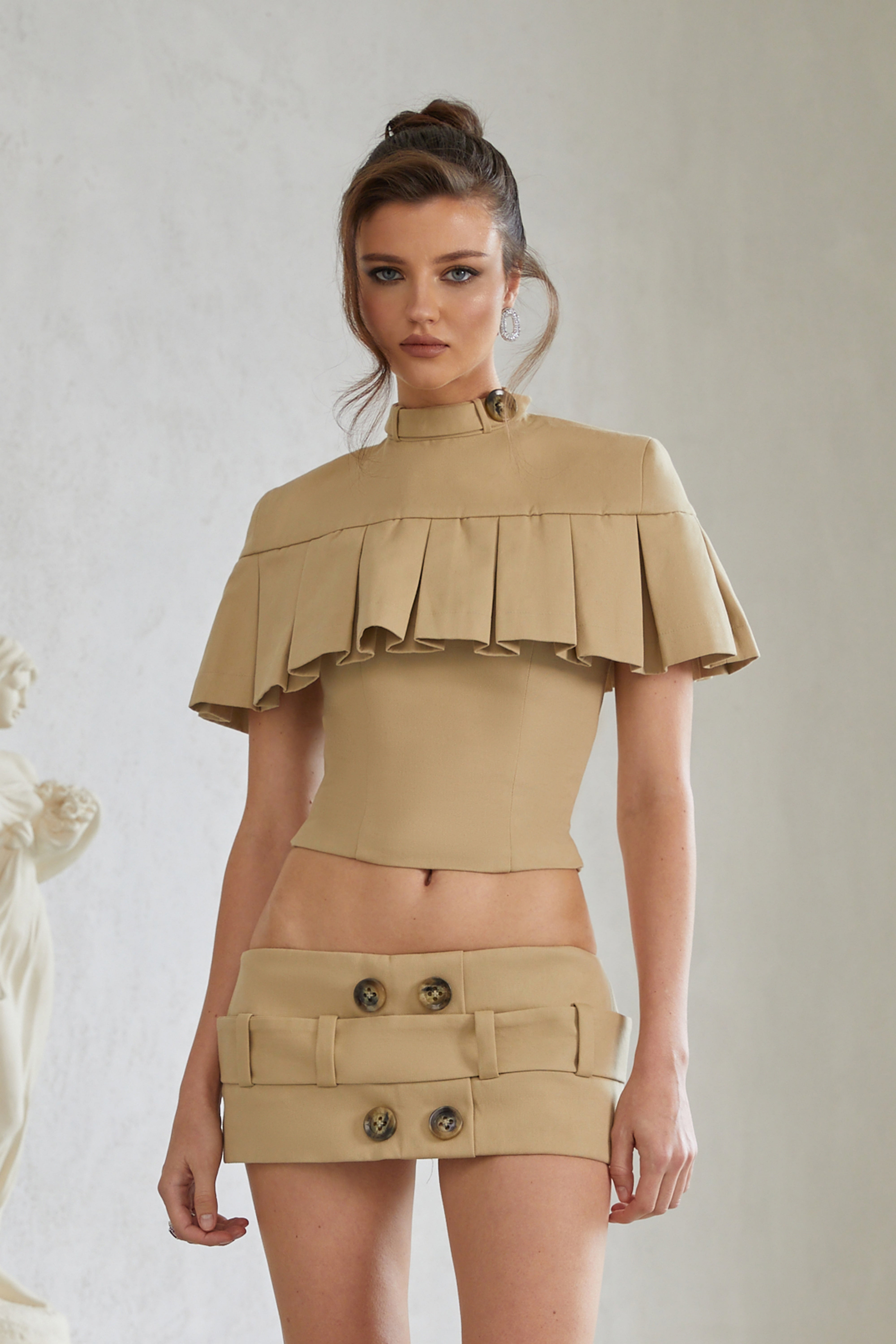 Antonella Khaki Pleated Cape Top & Pencil Skirt Set